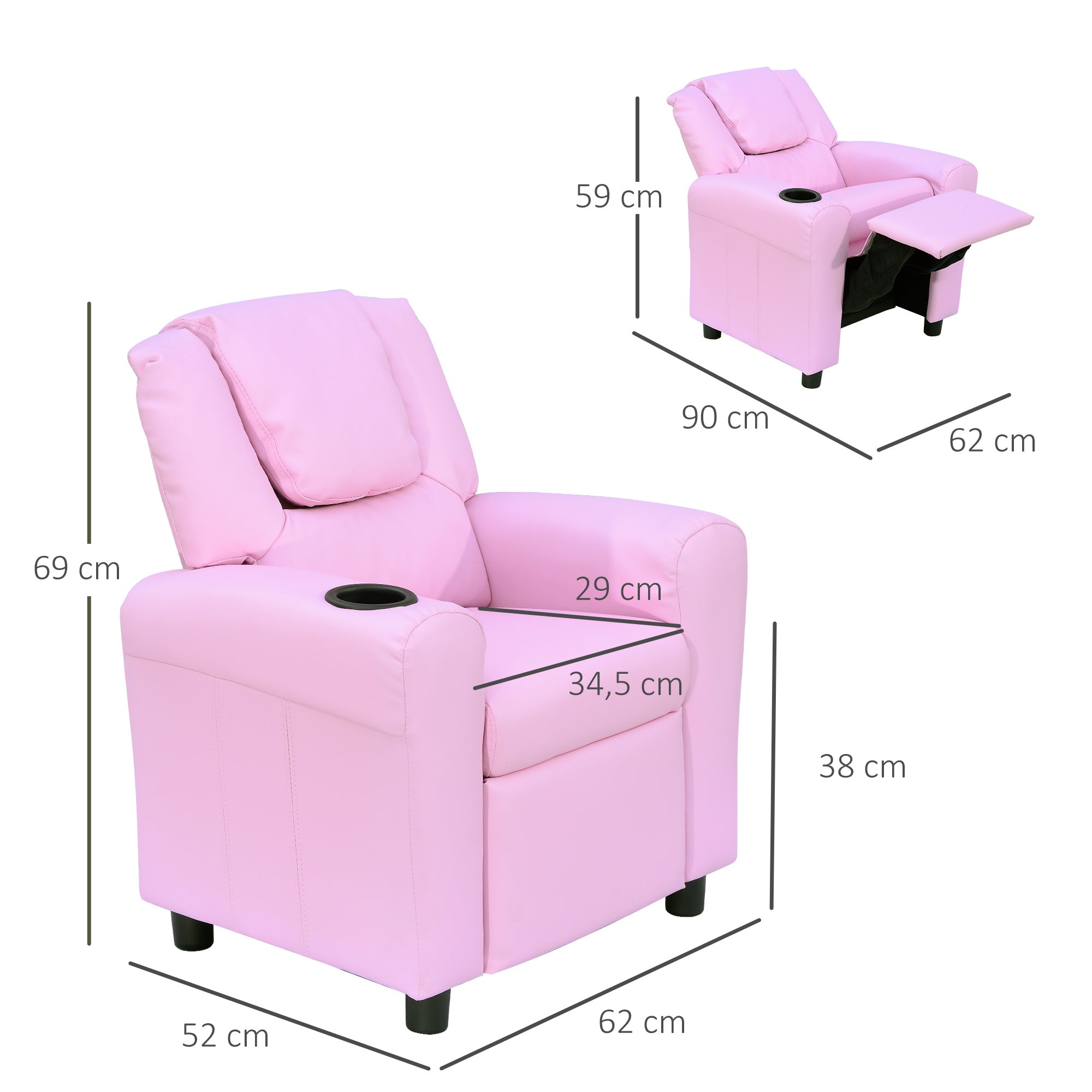 HOMCOM Kindersessel, Minisessel, Kindersofa für 3-6 Jahre alt, Liegefunktion, Eingebauten Becherhalter, Rosa, 62 x 56 x 69 cm
