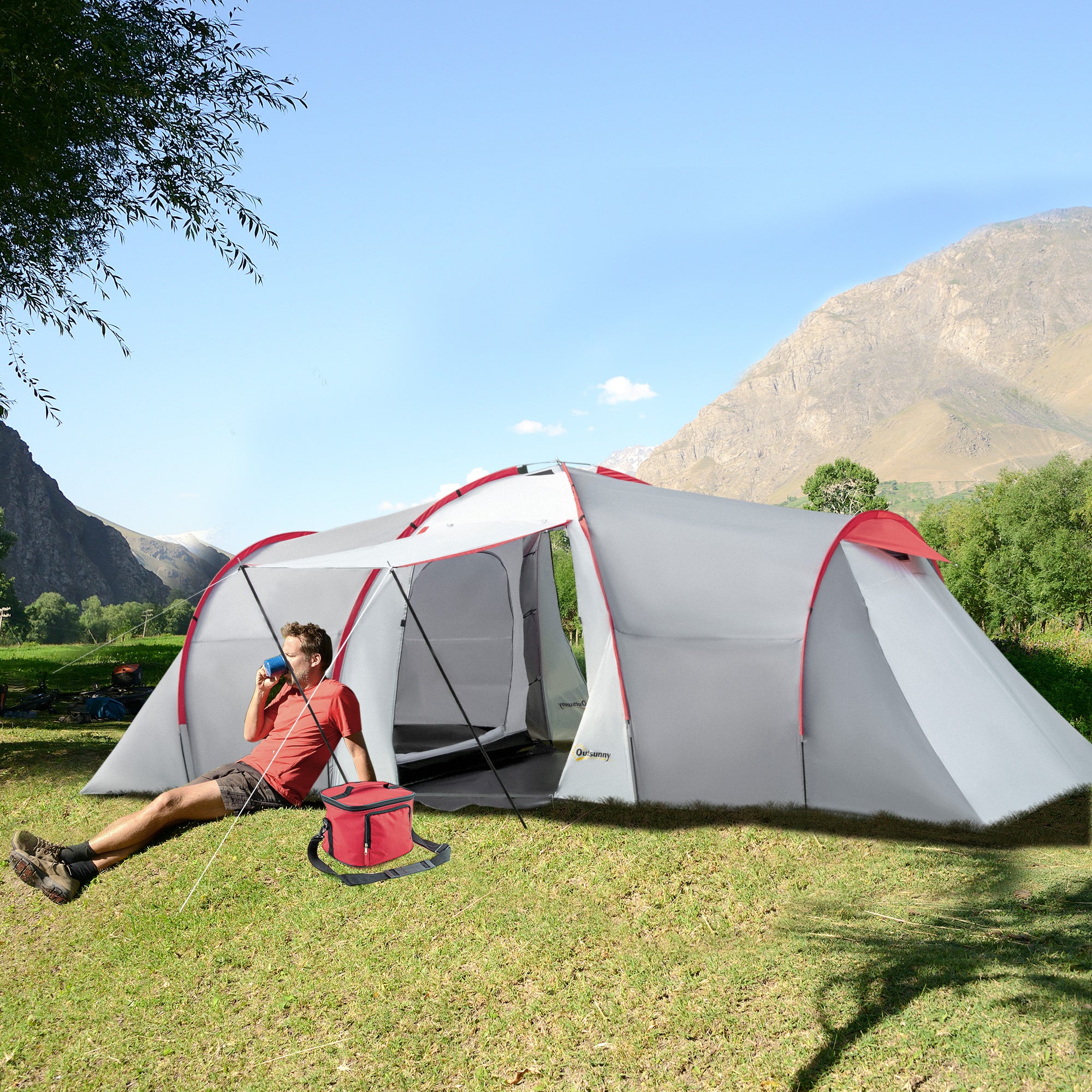 Outsunny Campingzelt, für 4 Personen, Vordach, 2 Schlafzimmer, Fenster, Zubehör, Grau