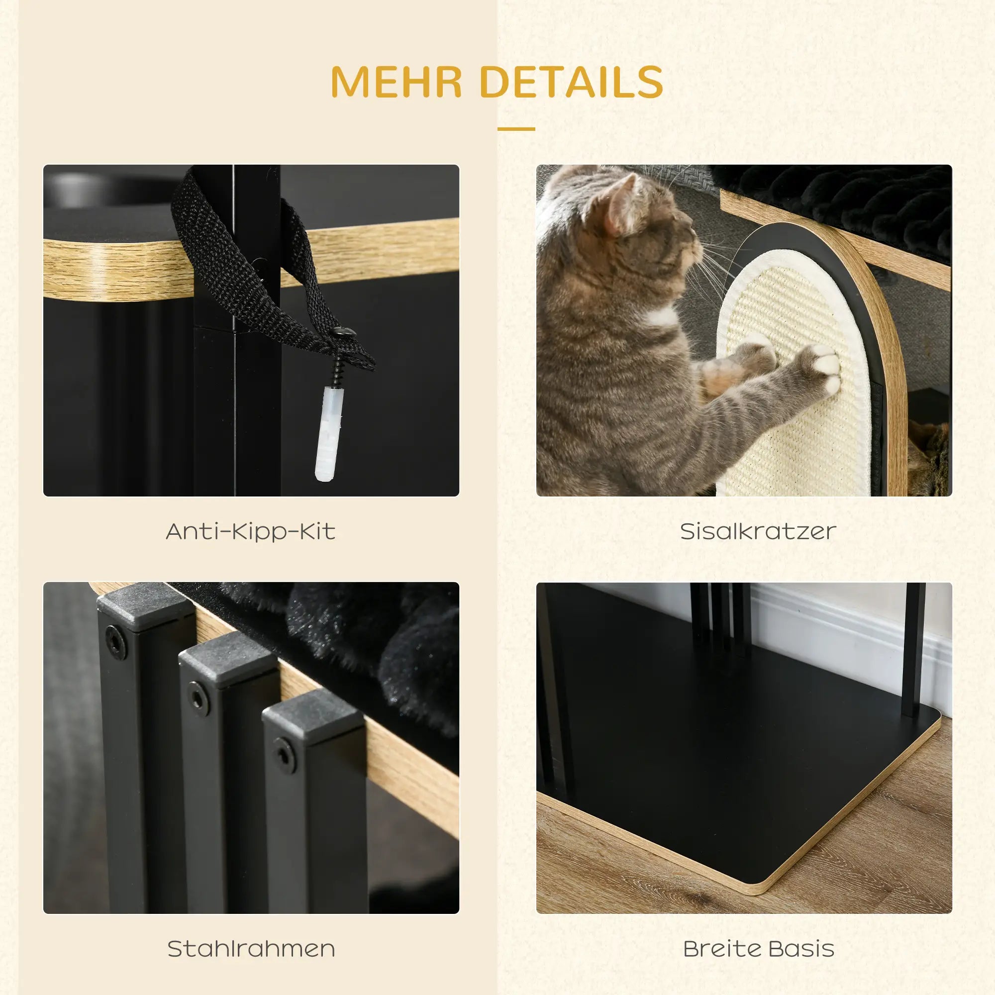 PawHut Kratzbaum, Industrial Design, 3 Plattformen, 2 Liegekissen, Kratzwand, Stahlrahmen, schwarz, 85 x 48 x 170 cm