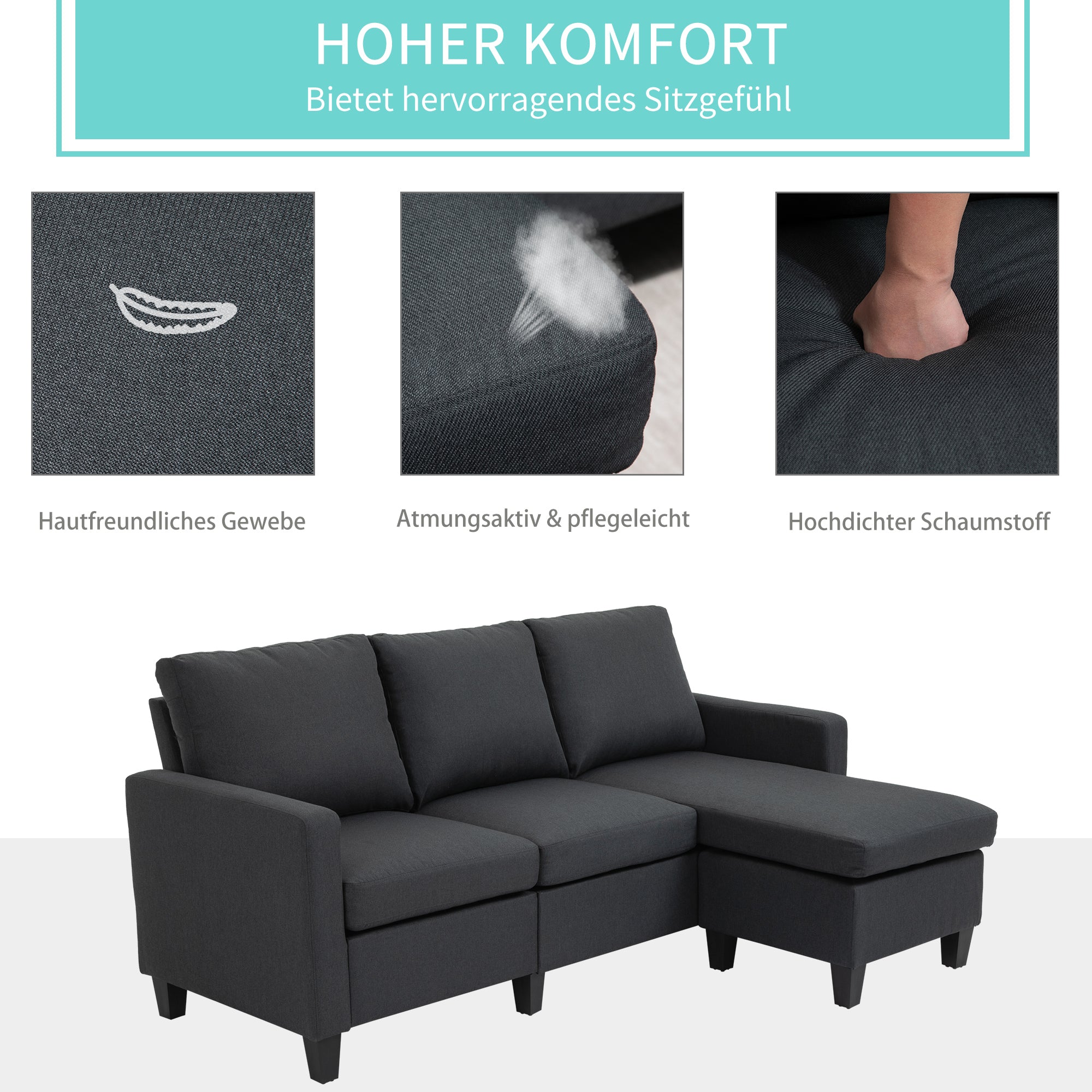 HOMCOM Ecksofa mit Schlaffunktion, 3 Sitzer Sofa und Kissen, Eckcouch, L-Form Couch für Wohnzimmer, Schlafzimmer 197 x 139 x 91 cm, Leinen, Dunkelgrau