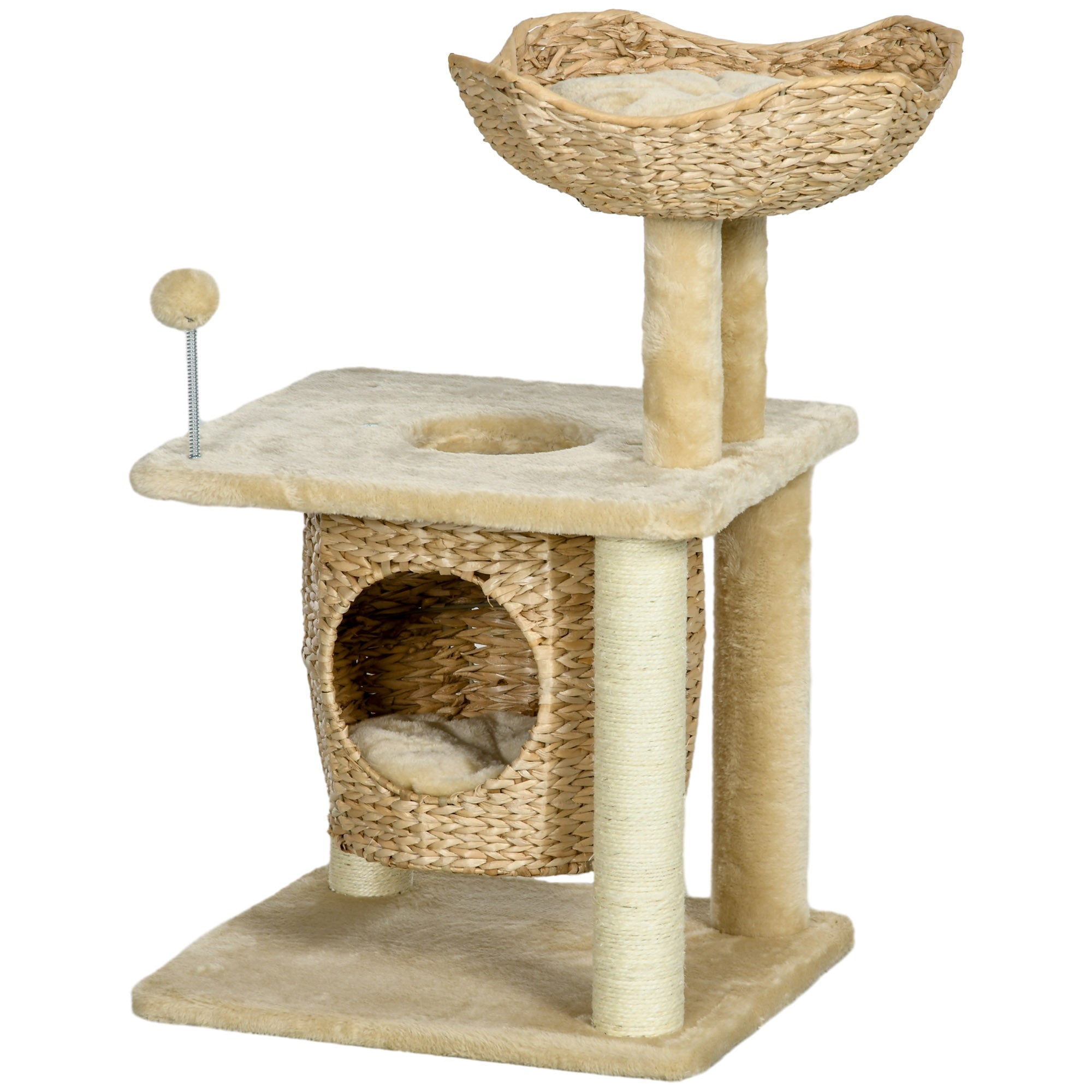 PawHut Kratzbaum mit Katzenhöhle, Liegeplattform, Spielball, 45x40x74cm, Beige