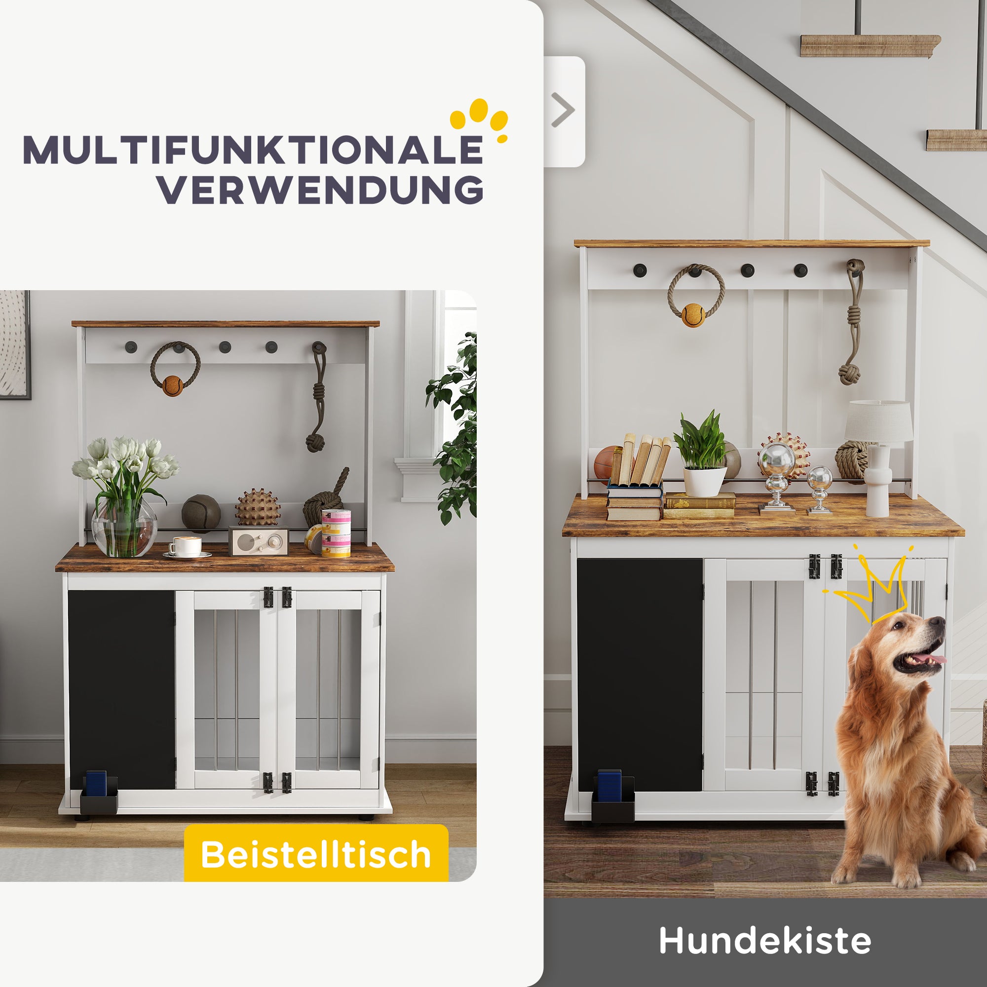 PawHut Hundebox mit Aufbewahrungsregal für Spielzeug, Haken für Leinen, Schreibtafel, Radiergummi, für große Hunde, Weiß