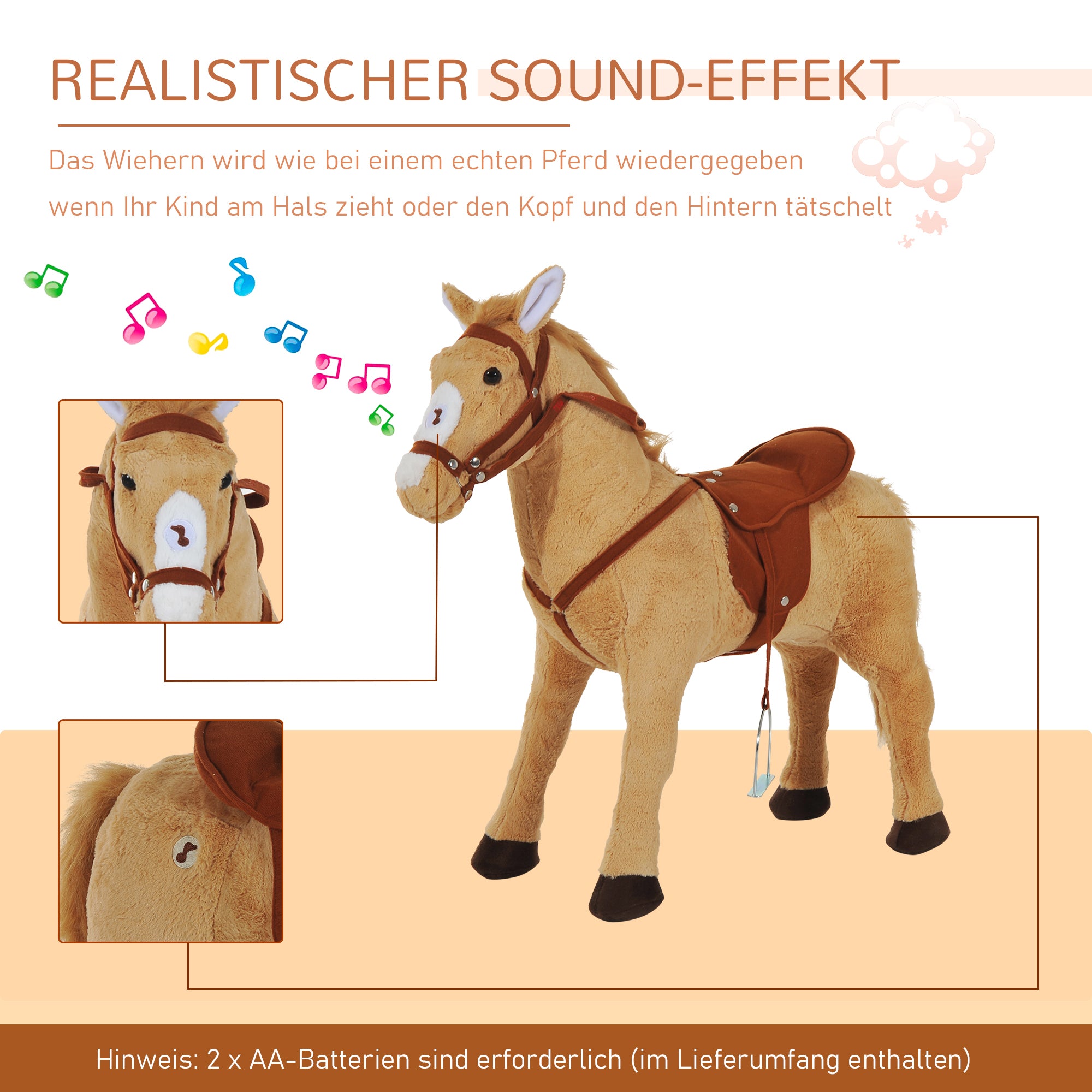 HOMCOM Reitpferd auf Rollen 60 cm Stehpferd mit Sattel, Zaumzeug Steigbügel Sound Spielpferd zum Reiten Draufsitzen Schaukeltier für Kinder ab 2 Jahre, Schaukelpferd Plüschpferd Indoor Outdoor Beige