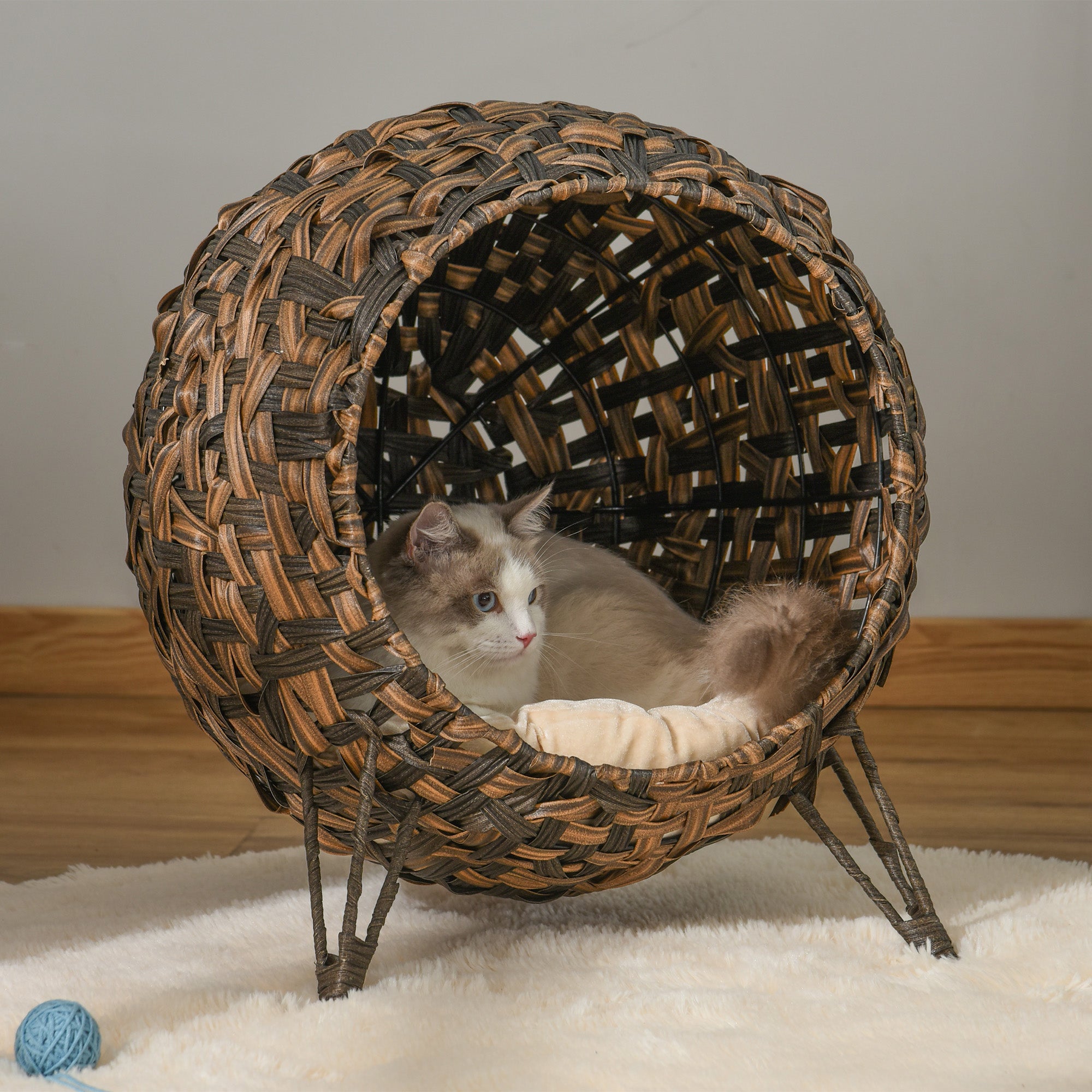 PawHut Katzenhaus aus Rattan mit Kissen Katzenschlafplatz Katzenhöhle mit erhöhten Füßen Braun Ø52 x 58 cm