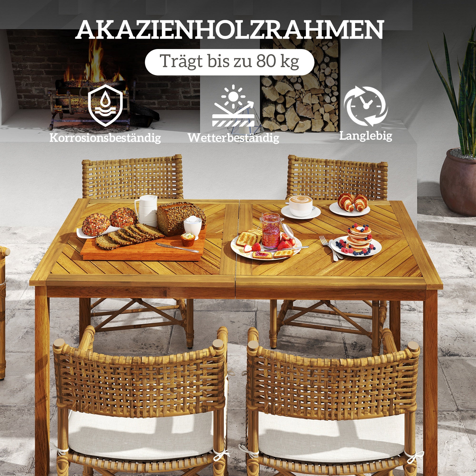 Outsunny Gartentisch 150x85cm, Wetterfest Balkontisch aus Holz, 6 Personen mit Schirmloch, Lamellendesign Naturholz