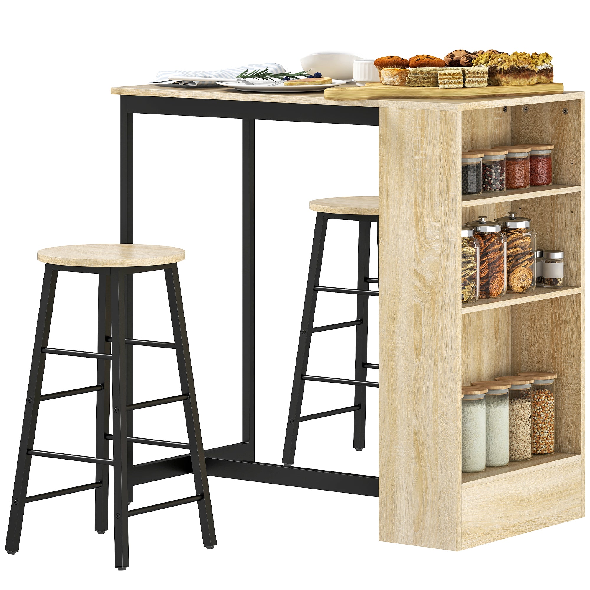 HOMCOM 3-teiliges Bartisch-Set, 1 Tresen, 2 Stühle, mit Stauraum und Fußstützen, platzsparend, Hellbraun+Schwarz