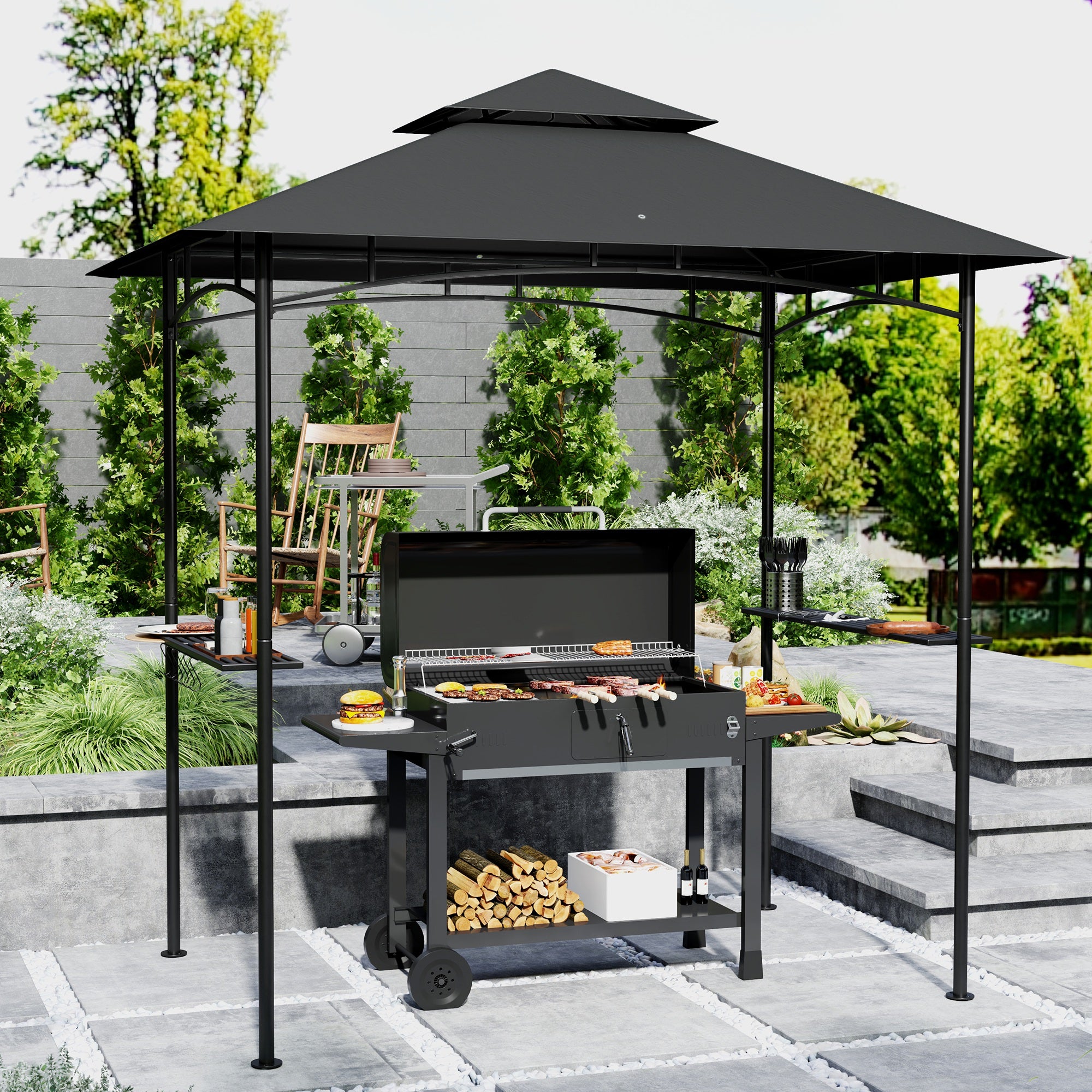 Outsunny Grillpavillon mit LED 240 x 150 x 258 cm wasserabweisend flammhemmend Gartenpavillon mit Doppelschichtdach
