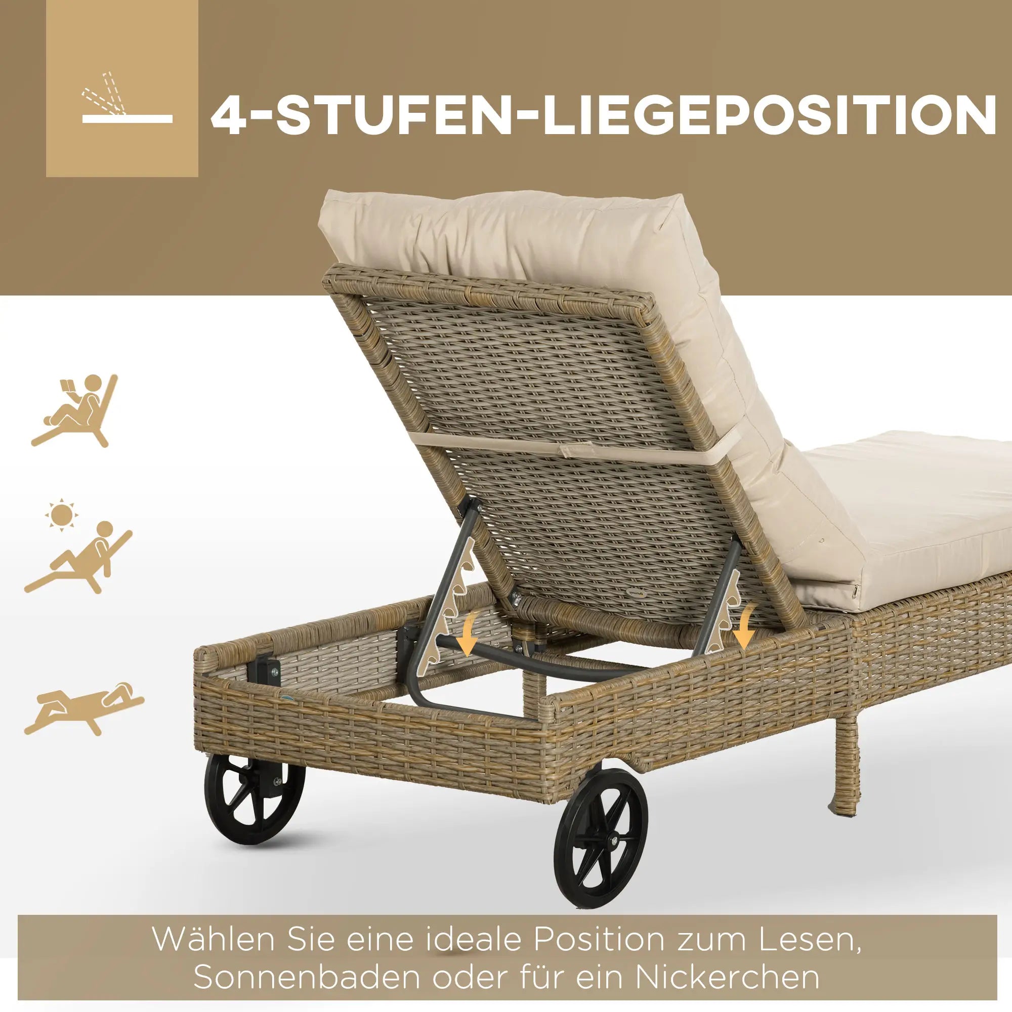 Outsunny Polyrattan Sonnenliege mit Kissen, Natur+Khaki