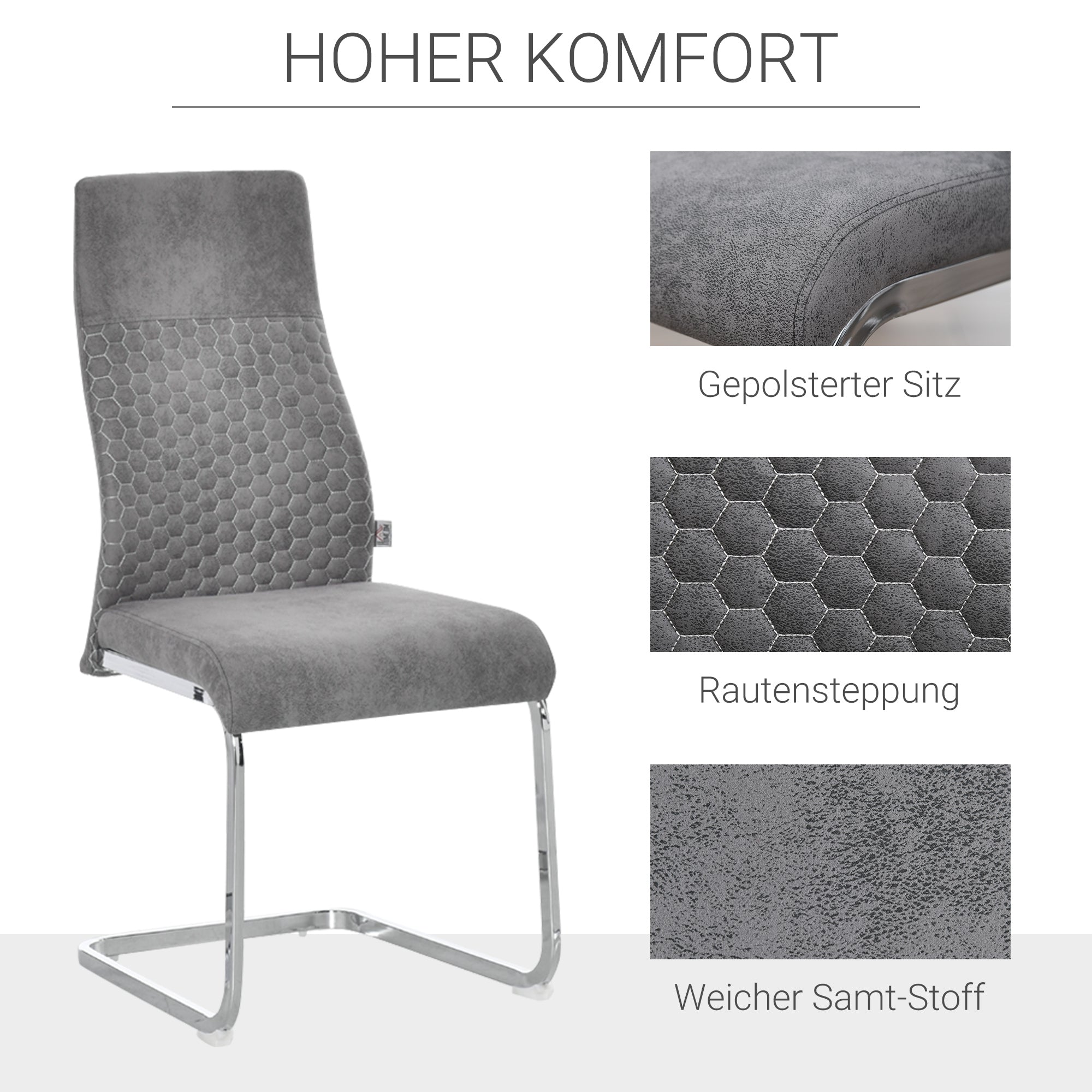 HOMCOM 4er-Set Freischwinger Esszimmerstühle 4-teilig Küchenstühle, Mikrofaser, 45 x 61 x 98 cm, Grau