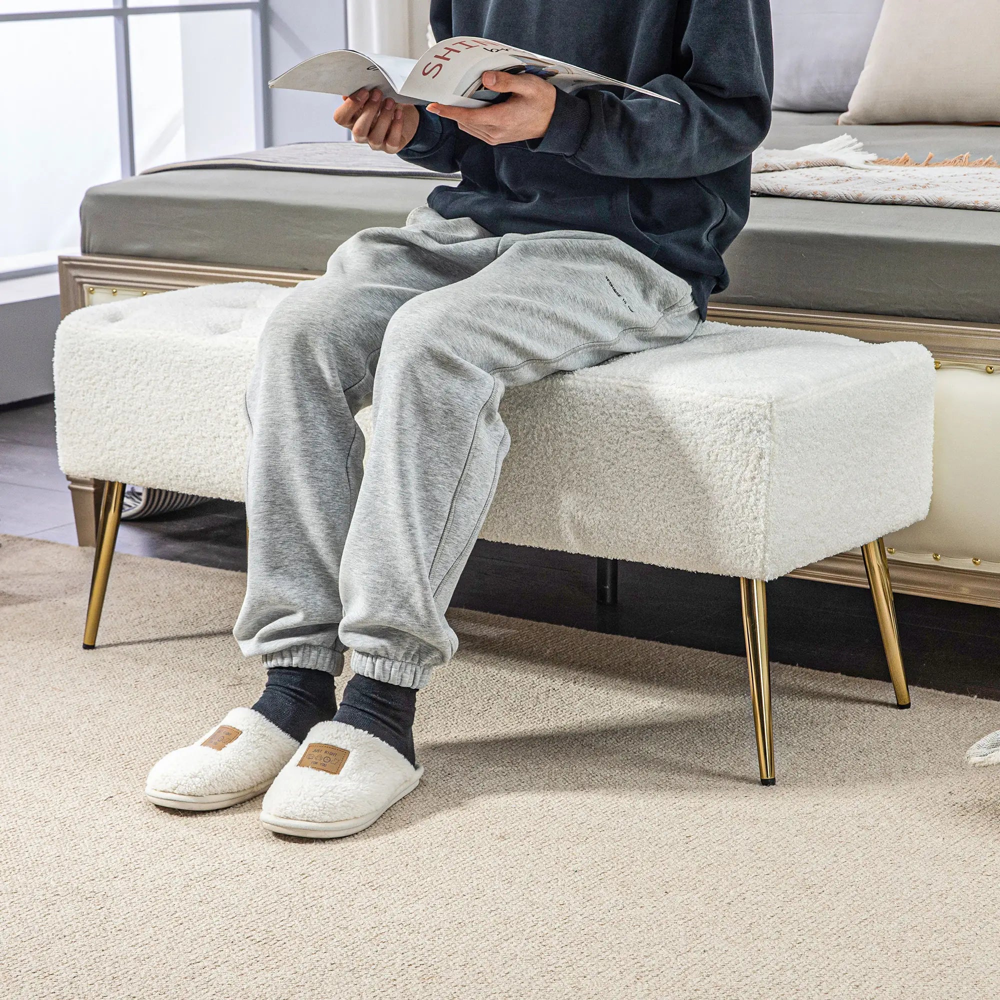 HOMCOM Polsterbank Sitzbank Lammwoll-Optik Knopfheftung Cremeweiß