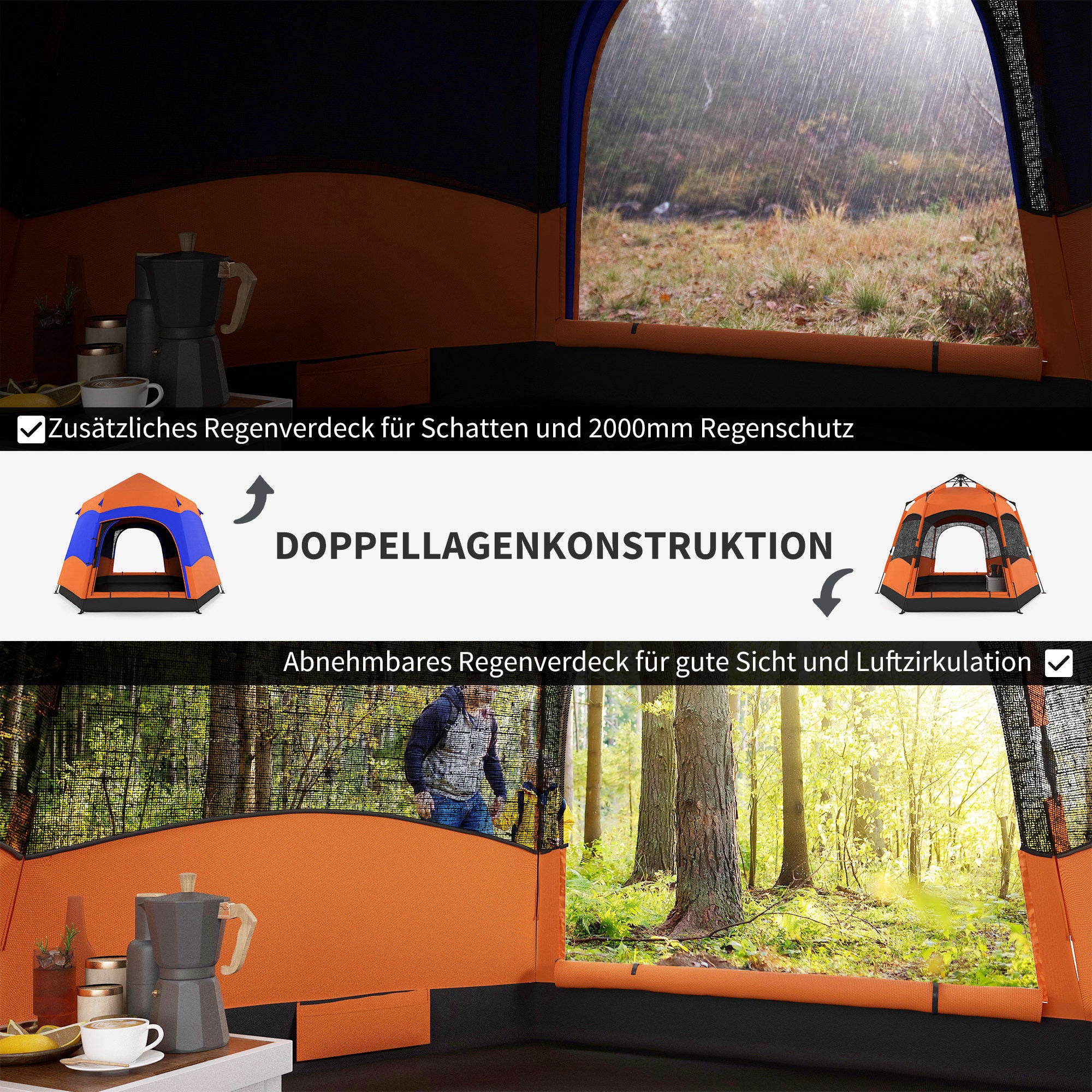 Outsunny Doppellagiges Instant-Pop-Up-Zelt mit Regenschutz, Outdoor Familienzelt für 4 Personen wasserdicht sechseckig 4 Jahreszeiten Kuppelzelt mit Bodenplane 2 Türen Moskitonetz Tragetasche Orange