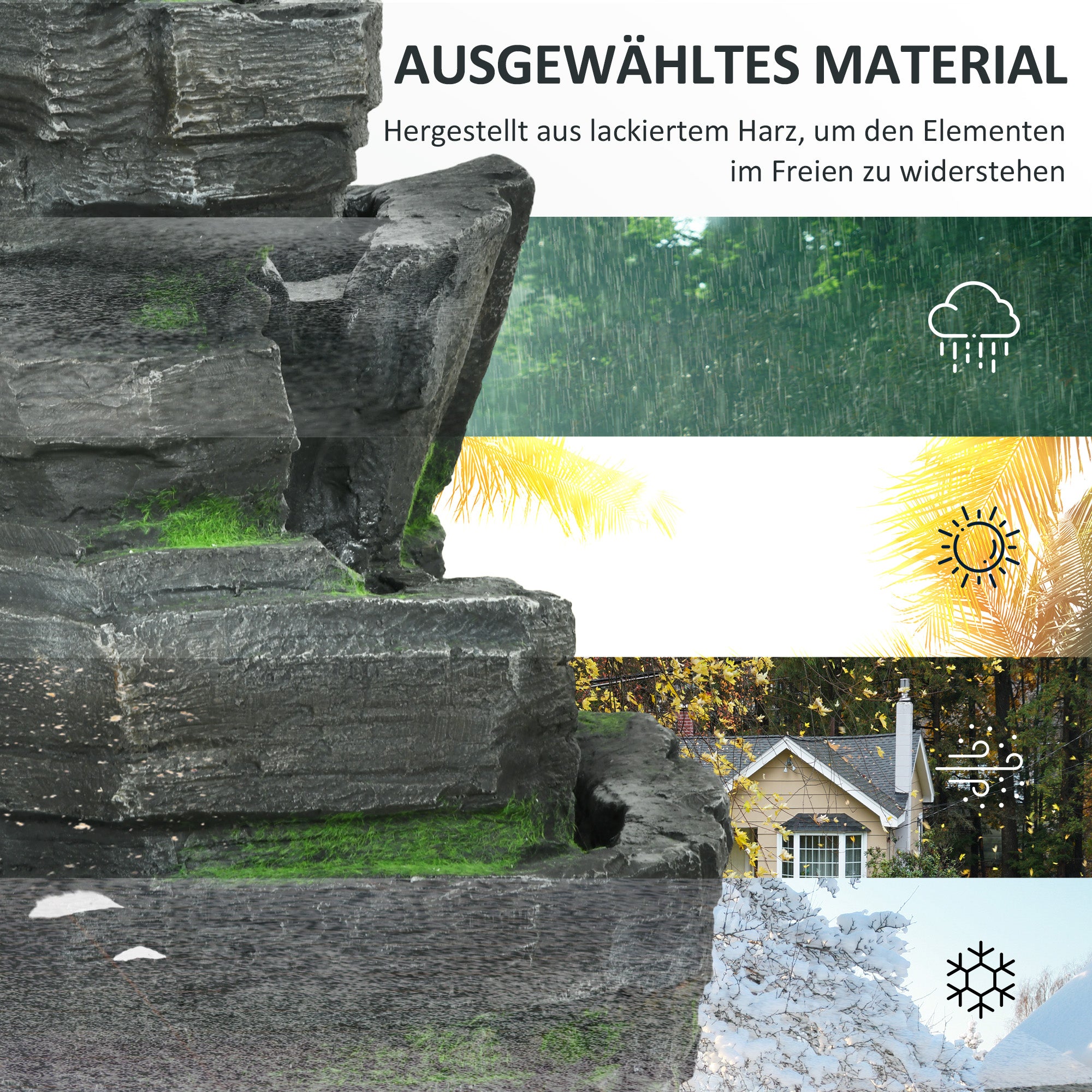 Outsunny Gartenbrunnen, Steinoptik, 4-stufig, Solarbetrieb, LEDs, 57cm Höhe, Kunstharz, Grau/Braun