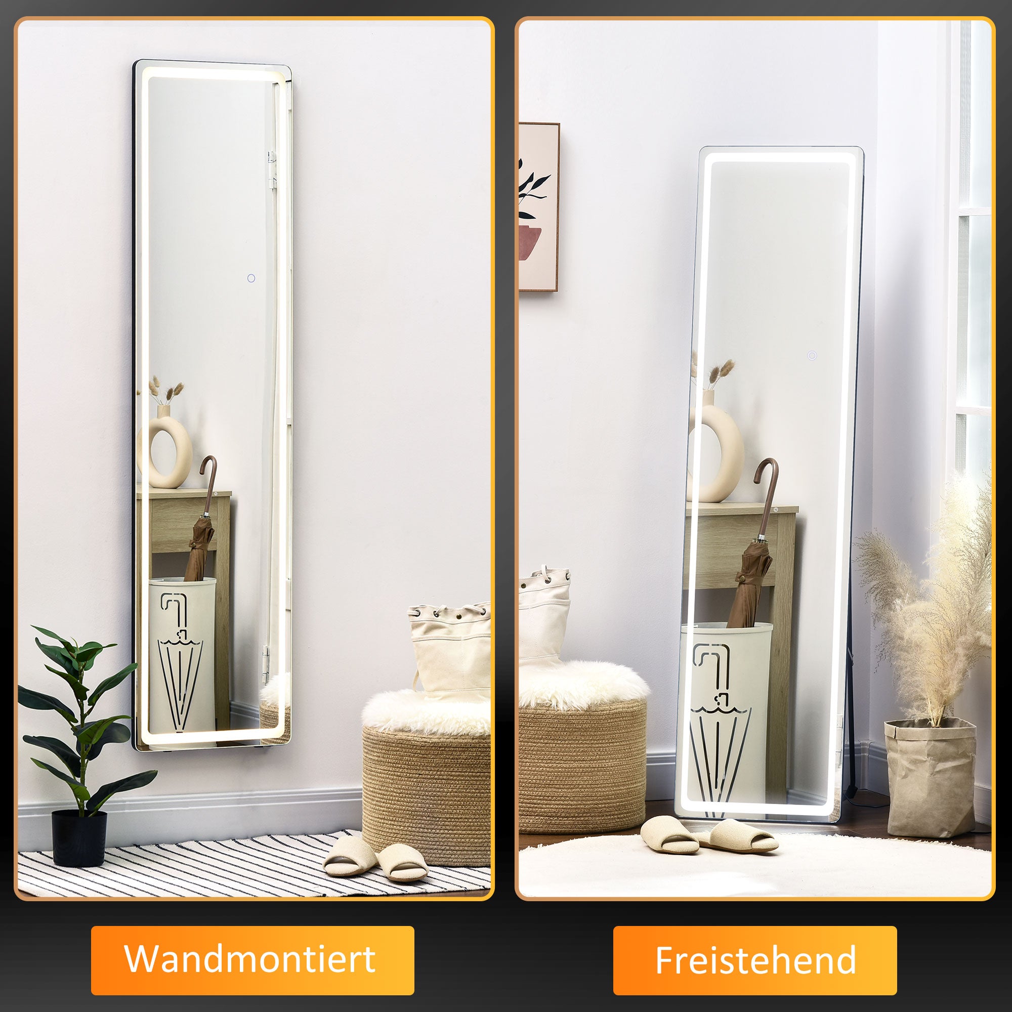 HOMCOM 2 in 1 Standspiegel mit LED-Licht, freistehend, Aluminium, einstellbares Licht, 40 cm x 37 cm x 157,5 cm