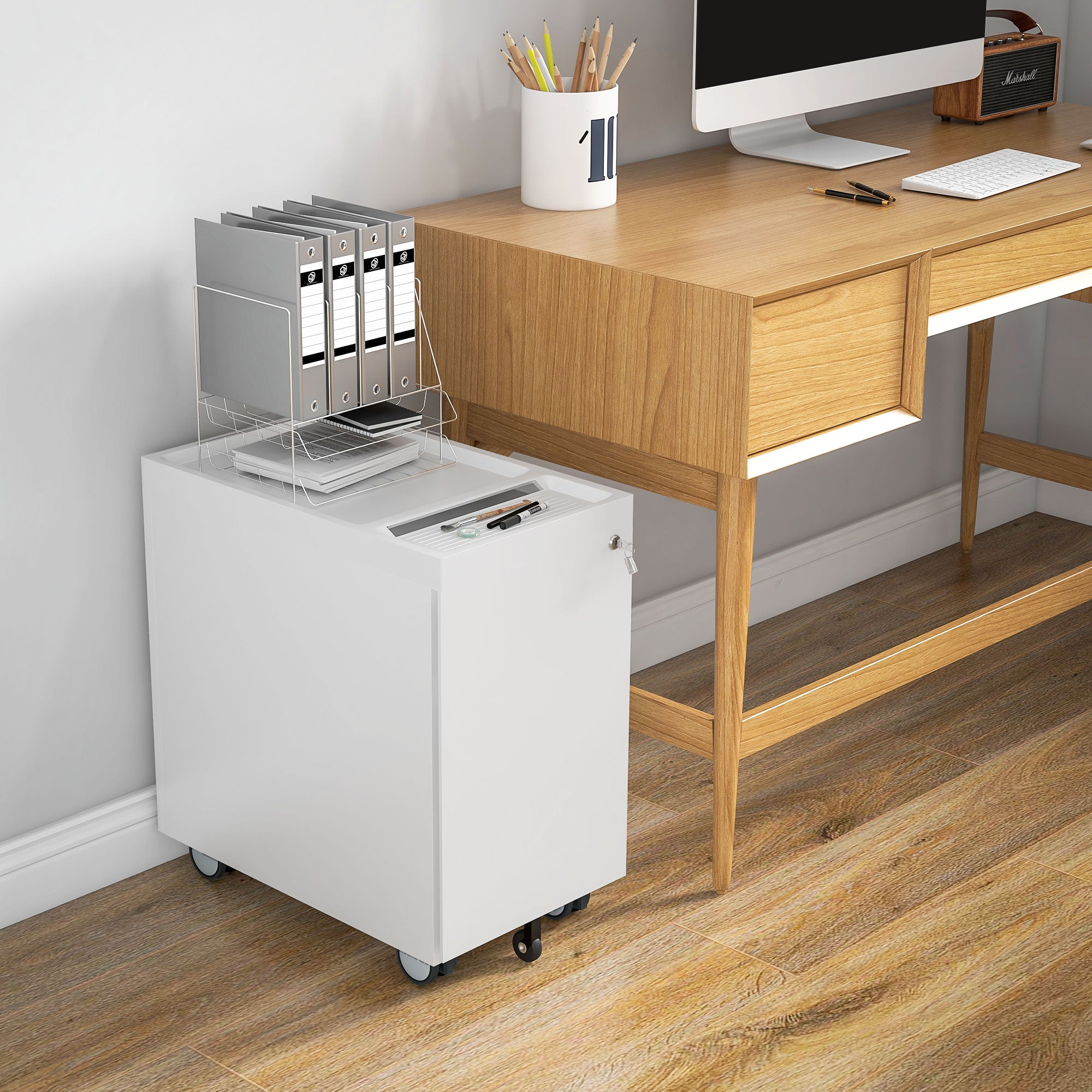 HOMCOM Aktencontainer mit Doppelschloss, Hängeregister, pulverbeschichteter Stahl, 30x50x53,5 cm, Weiß