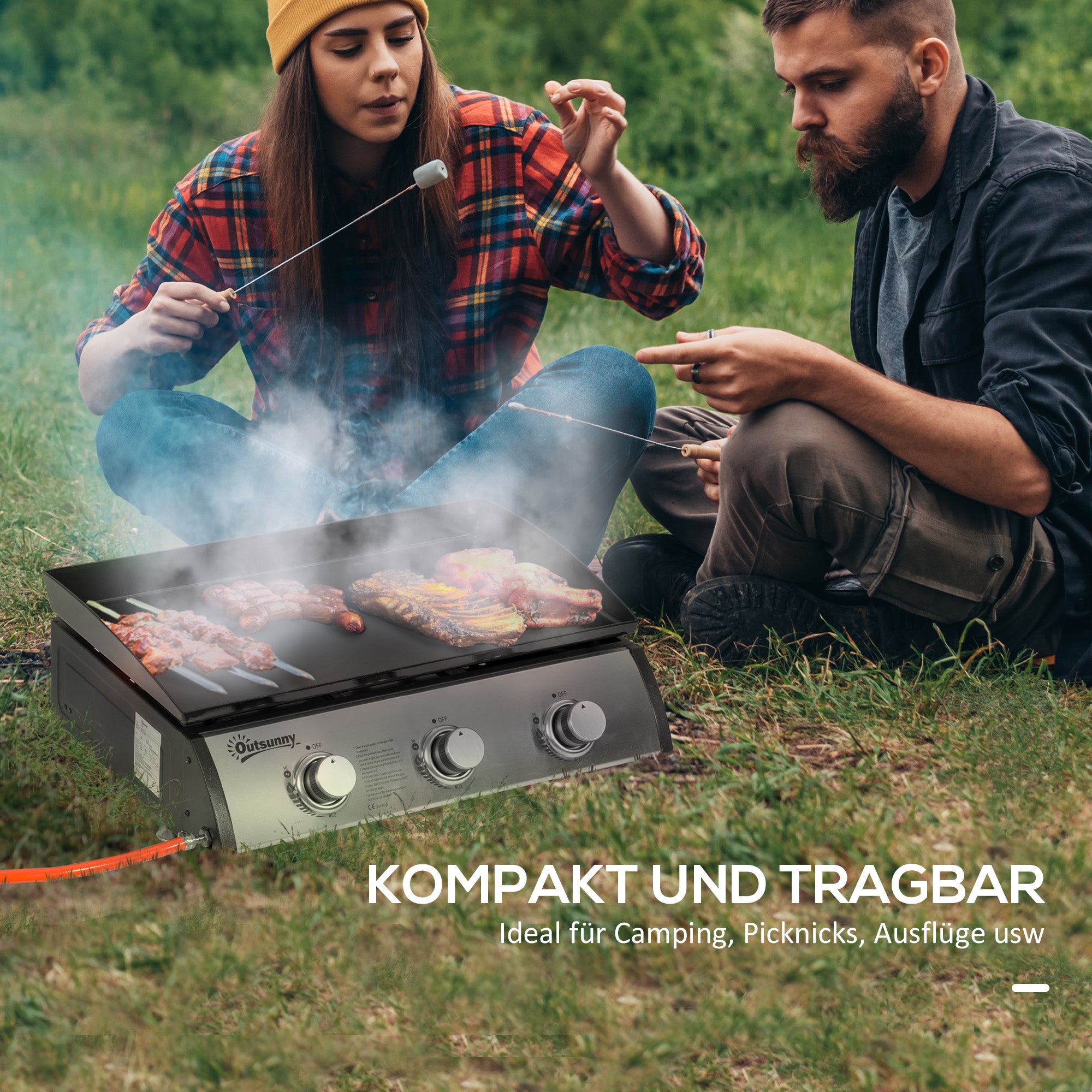 Outsunny Gasgrill mit 3 Brennern, Schlauch, Antihaft-Grillplatte, Edelstahl, Farbe: Silber, 63 x 48 x 21 cm