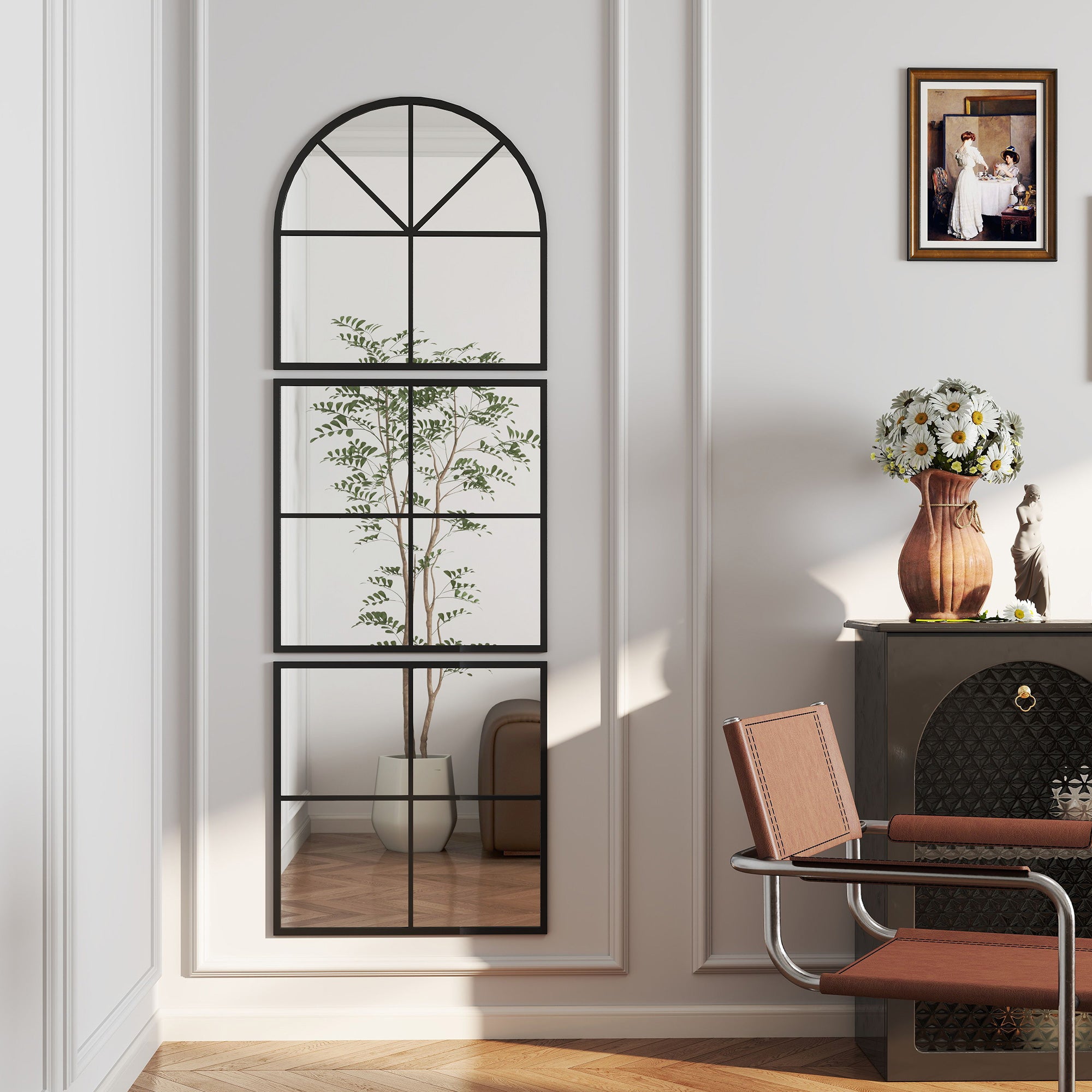 HOMCOM Wandspiegel dreiteilig, bogenförmiger Spiegel mit Metallrahmen, dekorativ 60 x 2 x 180 cm Schwarz