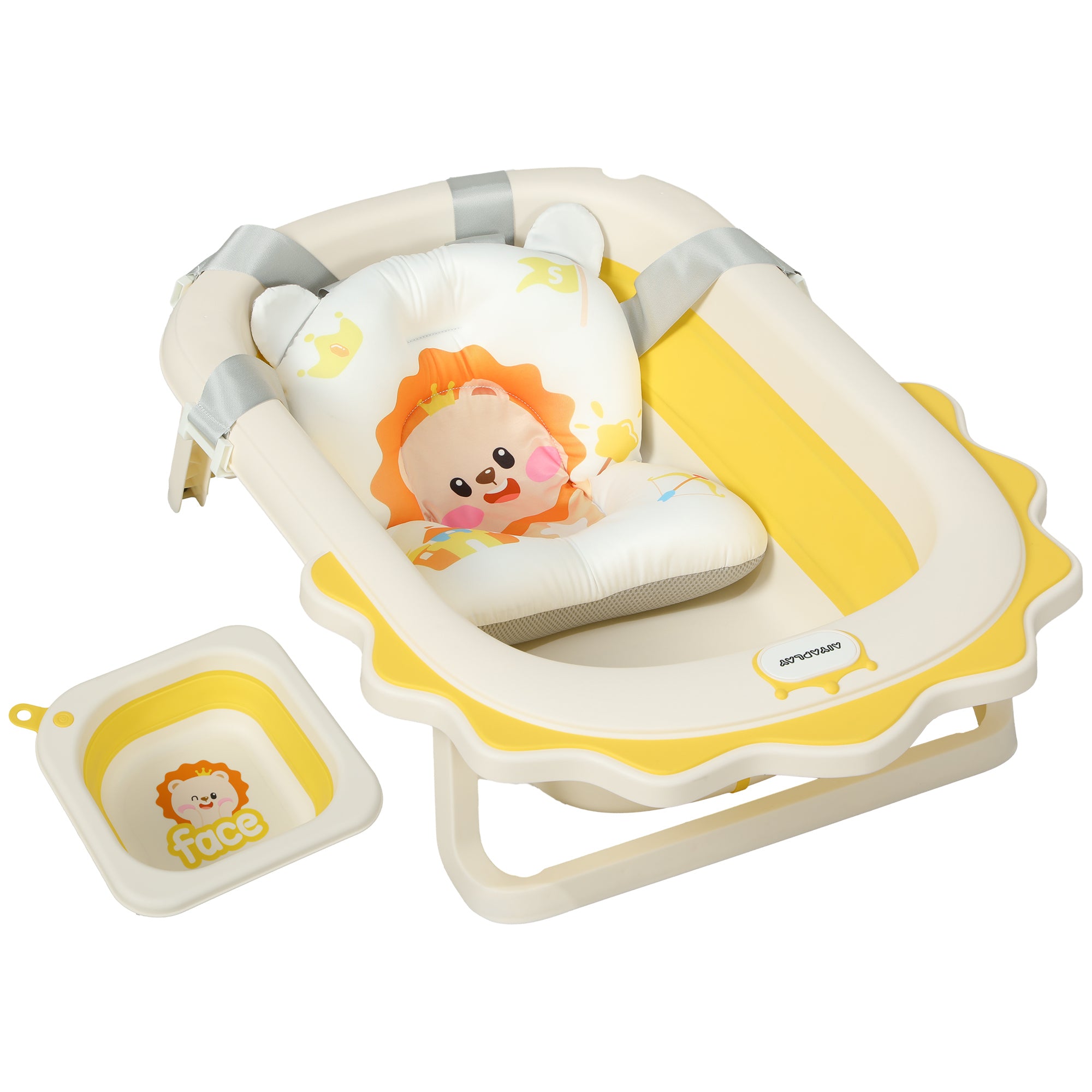 AIYAPLAY Babybadewanne mit Waschbecken, faltbar, rutschfester Boden, komfortables Badekissen, Gelb