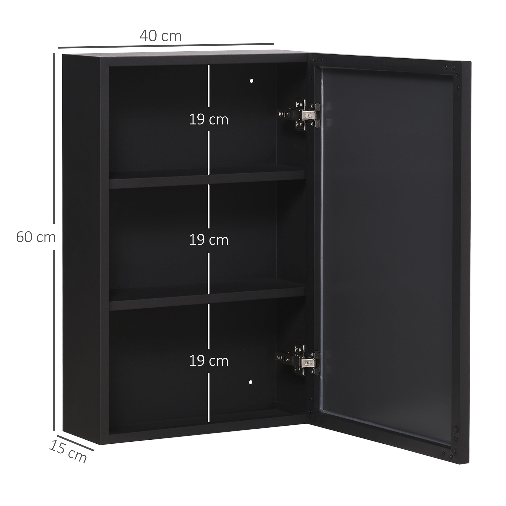 kleankin Spiegelschrank, 3 Regalfächer, weiche Scharniere, Stahlgehäuse, schwarz, 40 x 15 x 60 cm