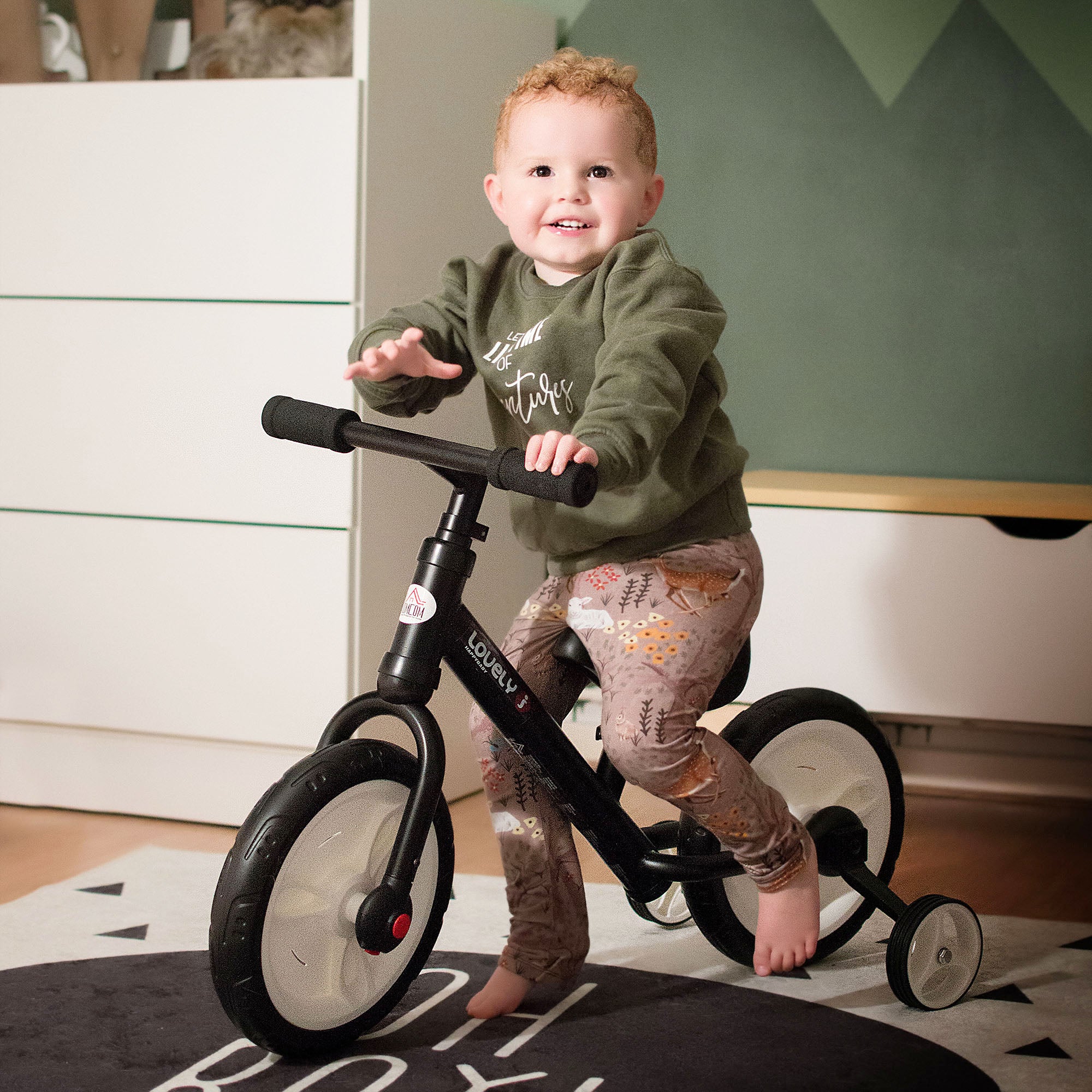 HOMCOM Kinder Laufrad, Lauflernrad, Kinderfahrrad, 2-in-1, Kinderrad mit Stützrädern und Pedalen, 2-5 Jahre, Sitzhöhenverstellbar, PP, Schwarz, 85 x B36 x H54 cm