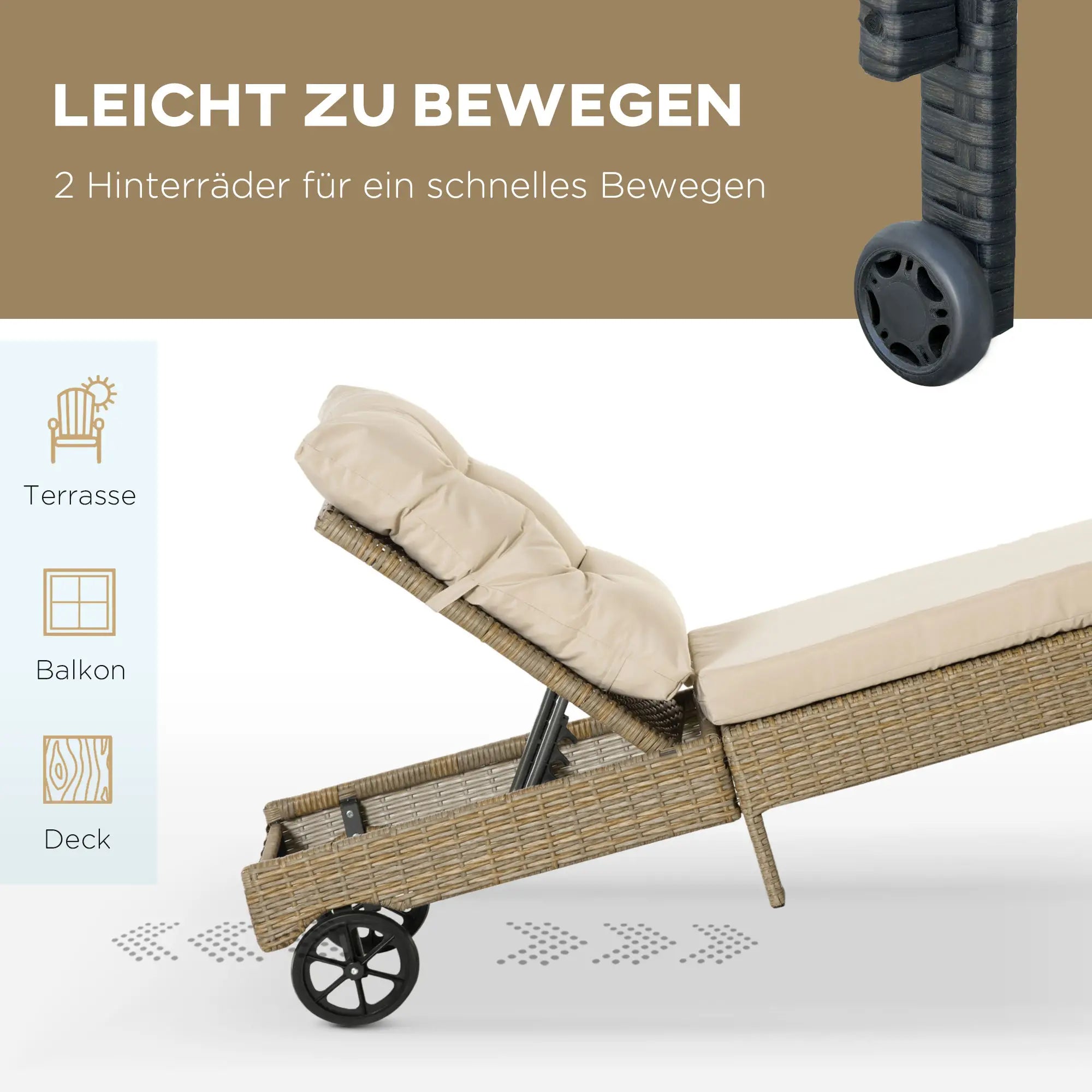 Outsunny Polyrattan Sonnenliege mit Kissen, Natur+Khaki