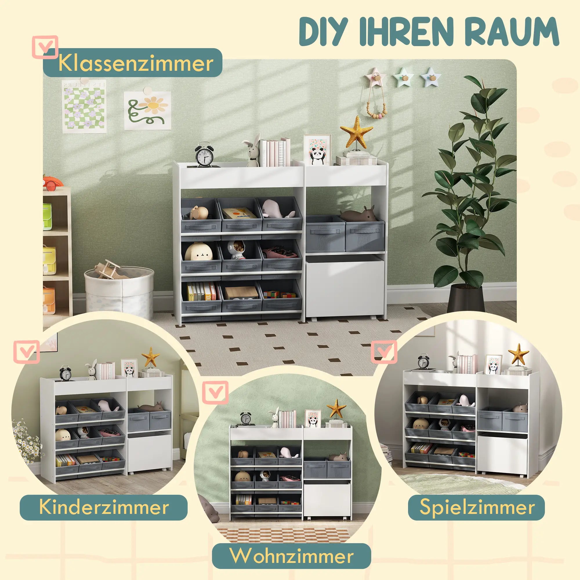 AIYAPLAY Kinderregal mit 11 Stoffboxen & Schrankfach, Weiß