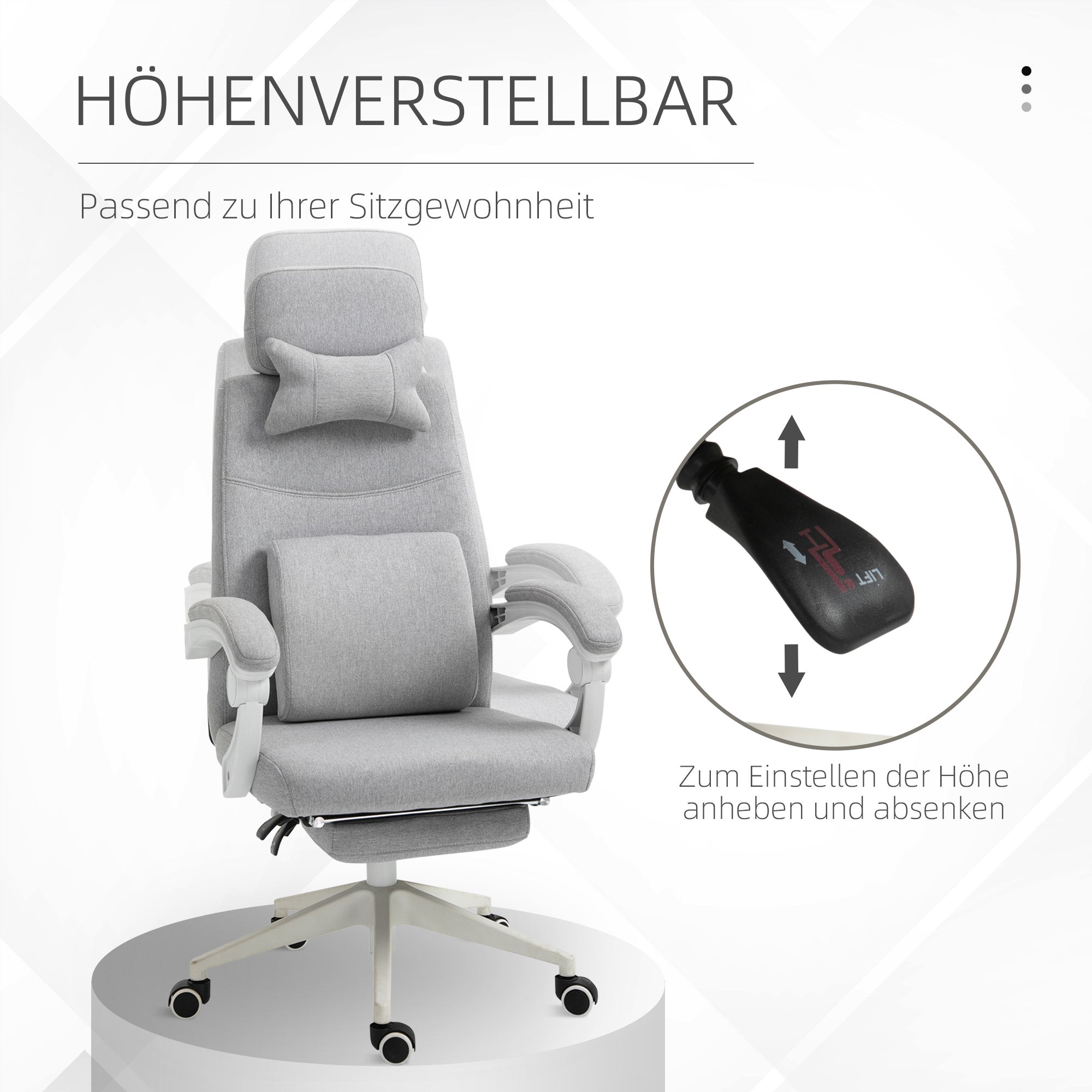 Vinsetto Bürostuhl, Ergonomischer Schreibtischstuhl mit Kopfkissen, Lendenkissen, höhenverstellbar Gamingstuhl mit Fußstütze, hoher Rückenlehne, Grau 62 x 68 x 117-127 cm