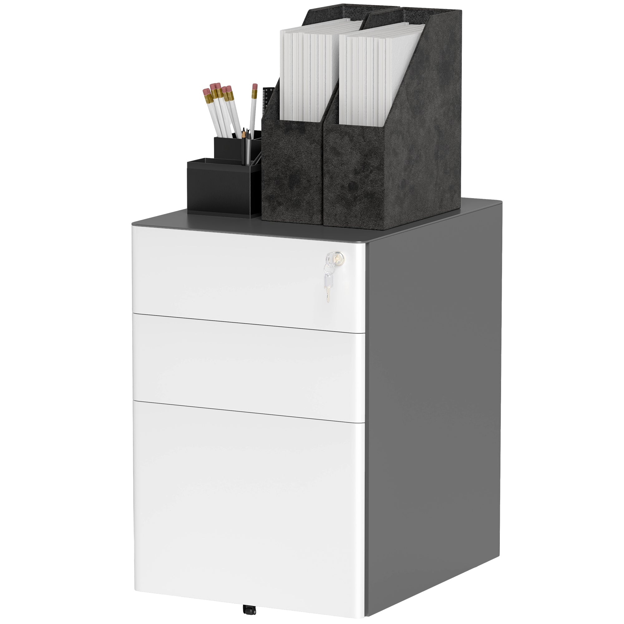 Vinsetto Aktenschrank, Rollcontainer, 3 Schubladen & Hängeregister, Schloss, Stahlgehäuse, 39x48x59 cm, Weiß+Grau