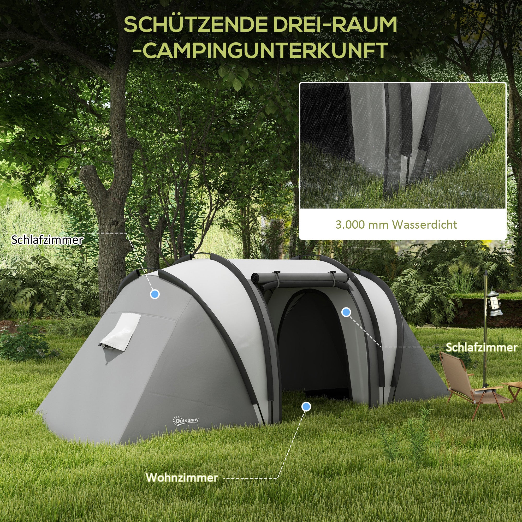 Outsunny Campingzelt für 4-5 Personen leicht wasserabweisend Familienzelt mit 3 Zimmer Seitentür Fenster Grau