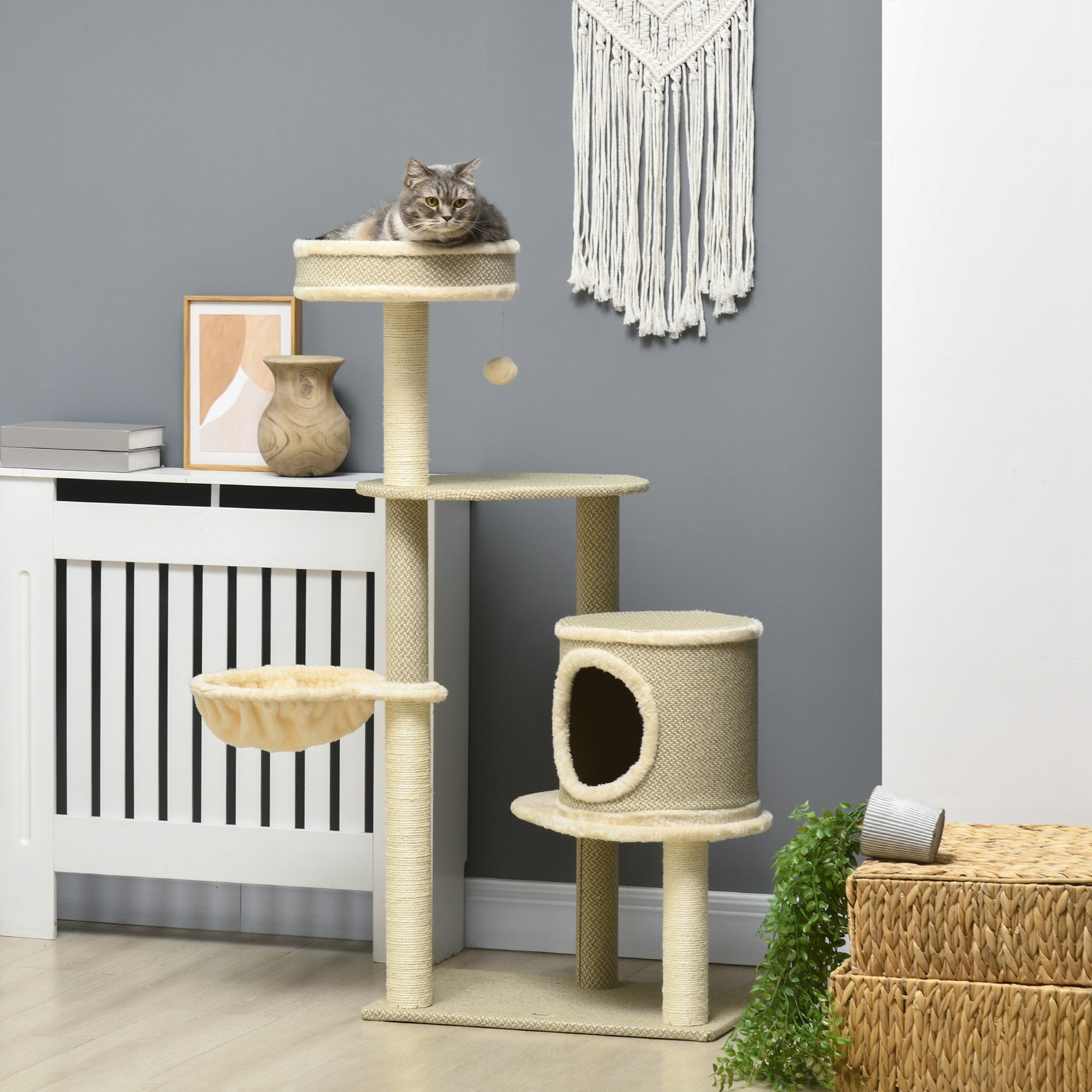 PawHut Kratzbaum 124?cm mit Höhle & Korb Beige