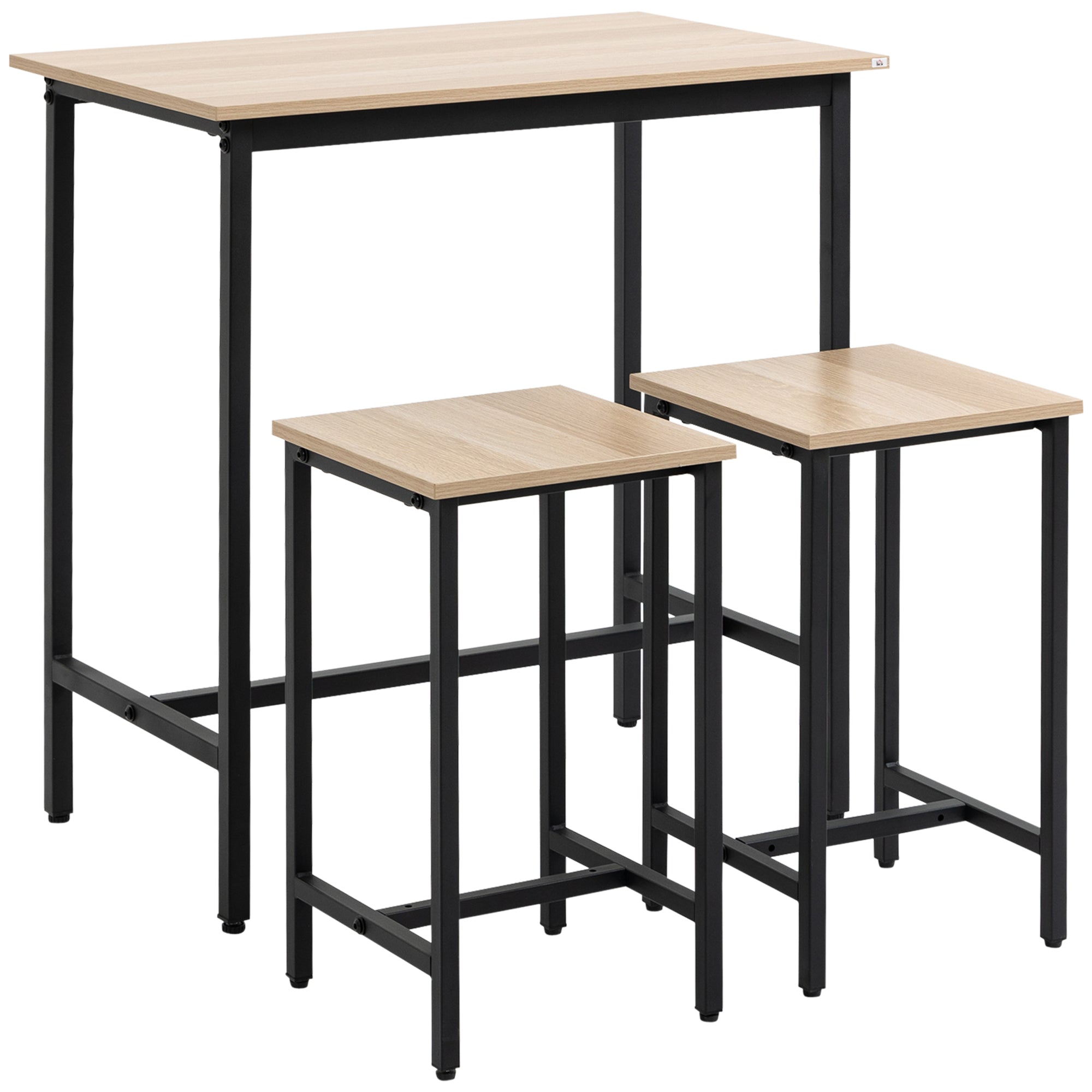 HOMCOM Bartisch-Set im Industrie-Design, 3-teilig, 1 Tisch, 2 Hocker, Schwarz + Natur