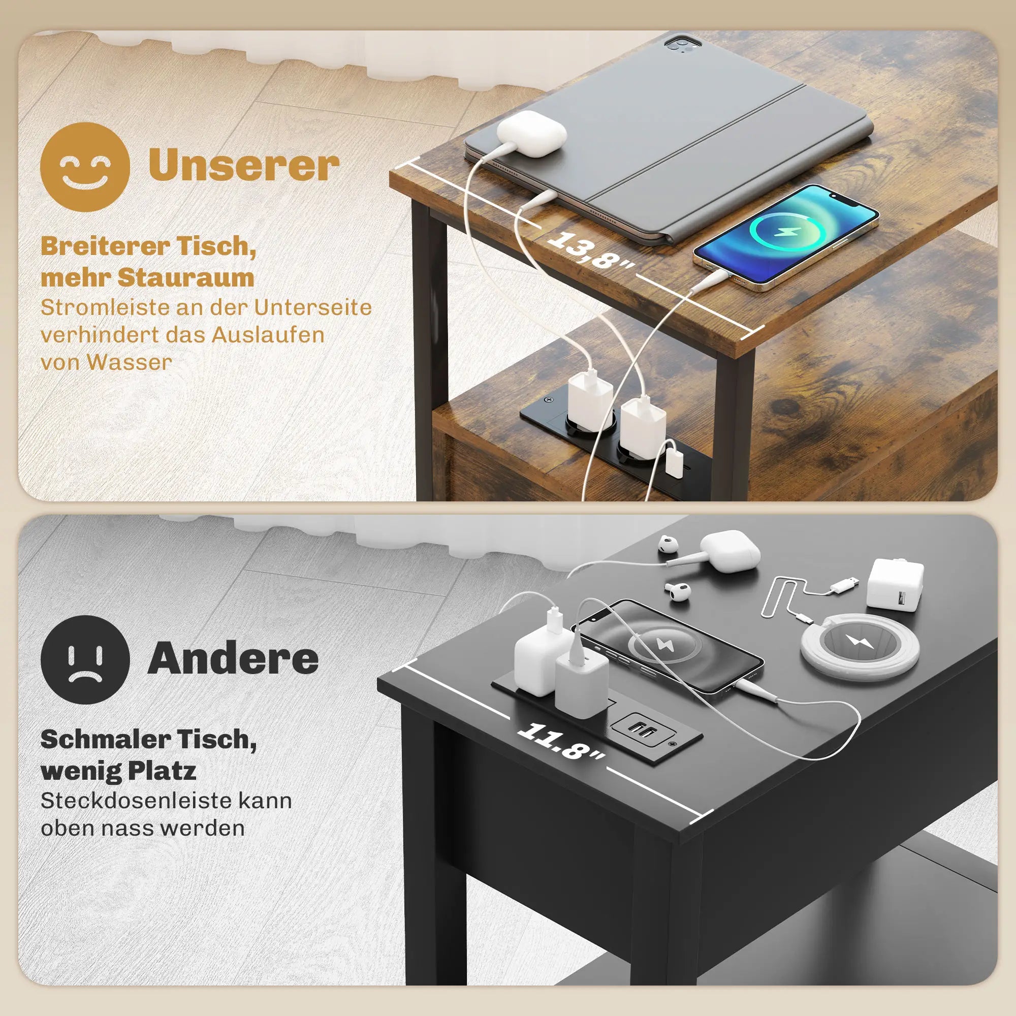 HOMCOM Beistelltisch mit Aufladestation & 2 Schubladen – Rustikal-Braun