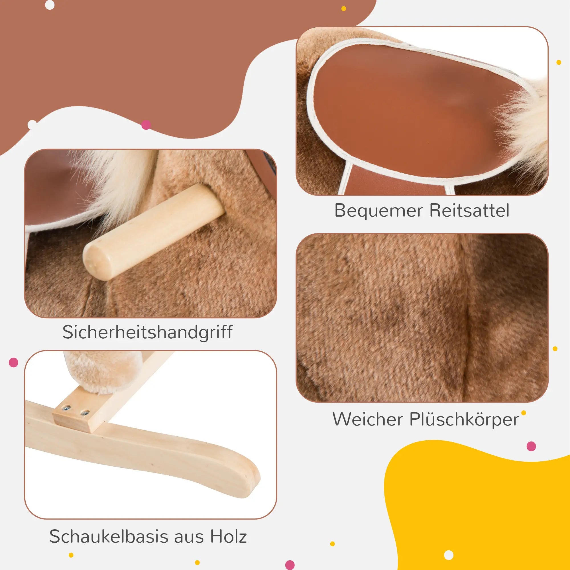 HOMCOM Schaukelpferd Baby Schaukeltier Plüsch Spielzeug Kinder Plüsch-Schaukeltier Braun L74 x B33 x H62 cm