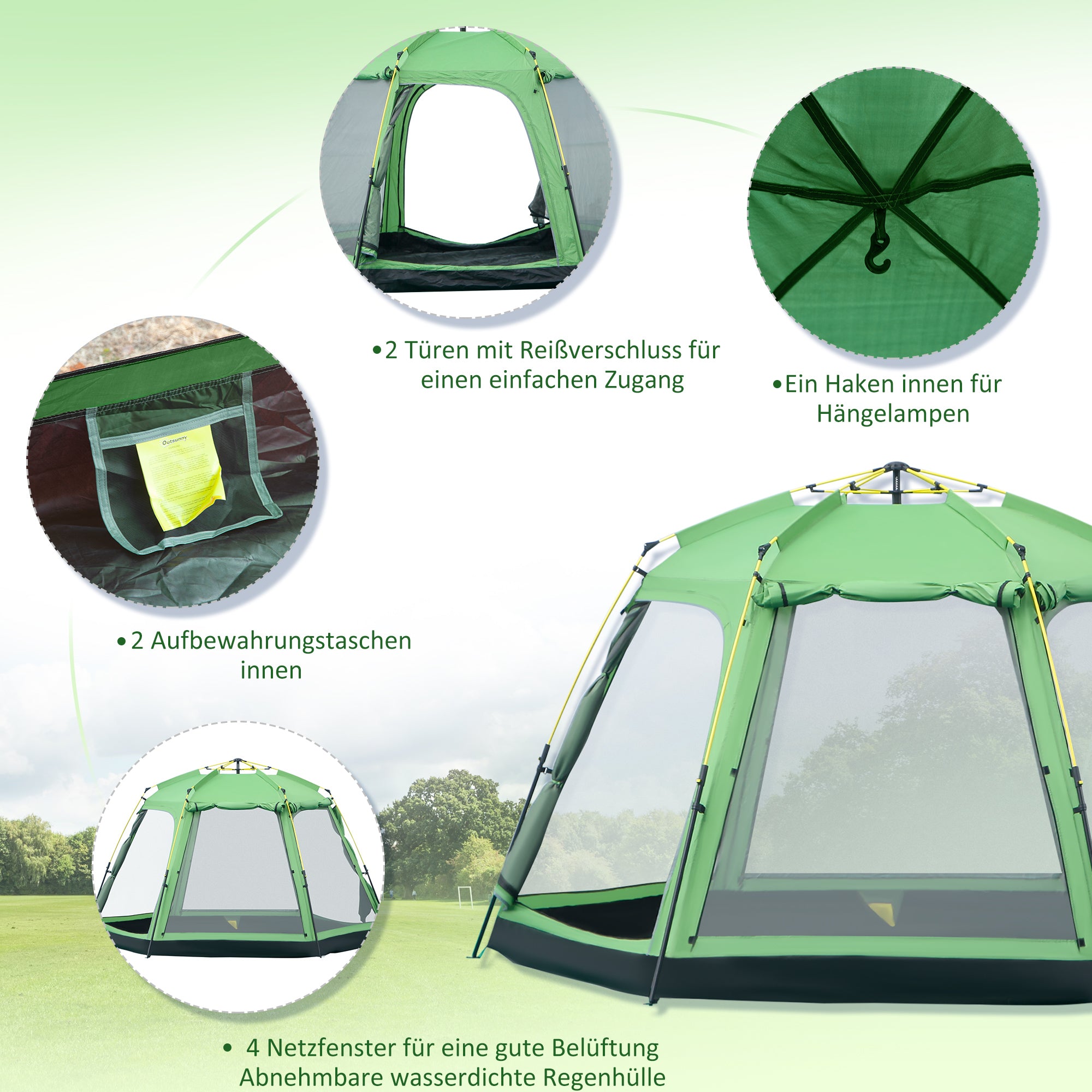 Outsunny Camping Zelt 6 Personen Zelt Familienzelt Kuppelzelt Kunstleder2000mm einfache Einrichtung für Familien Trekking Festival Stahl Glasfaser Grün 320 x 320 x 180 cm