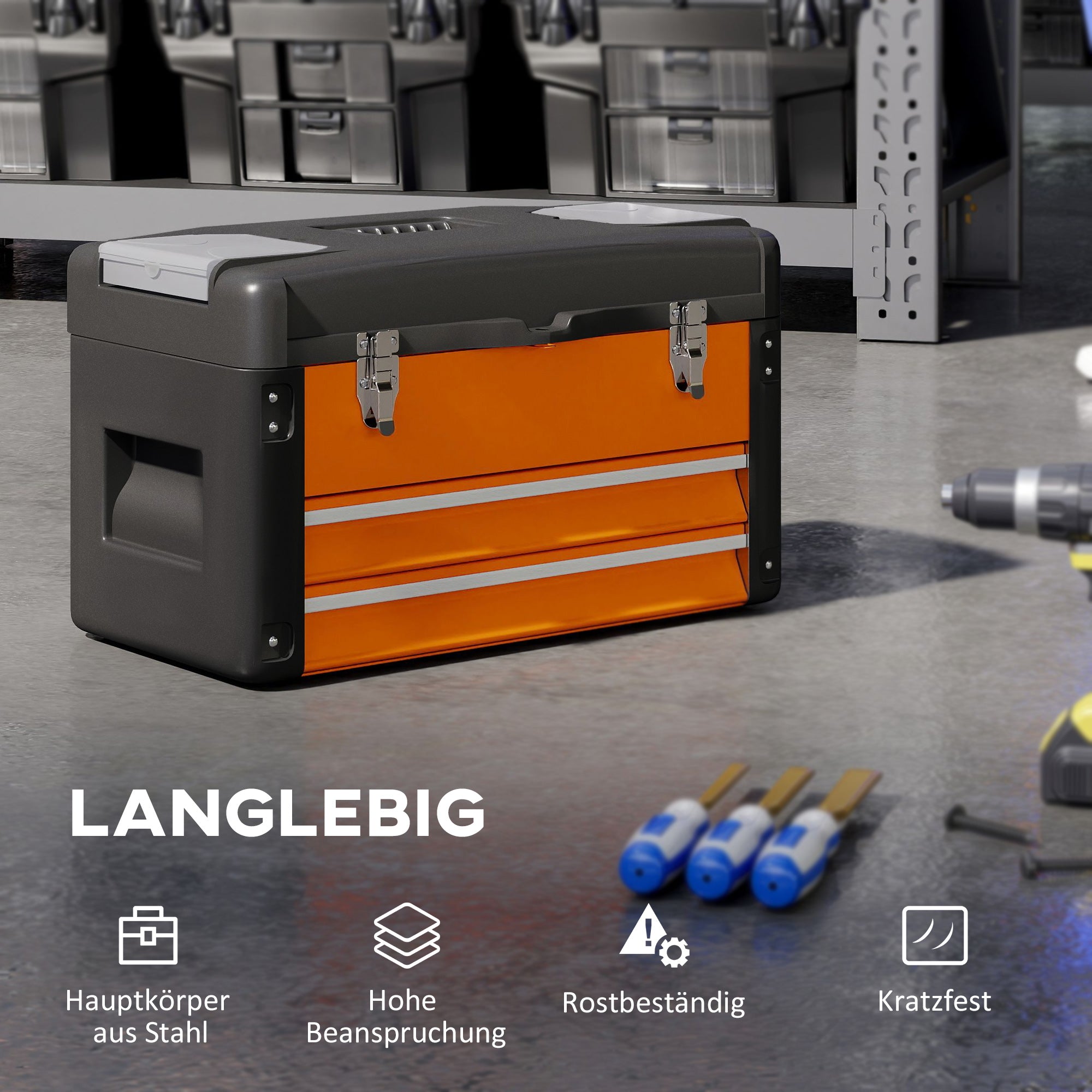 HOMCOM Werkzeugkiste leer, 49,7 x 25,3 x 28,9 cm Werkzeugkasten mit Schublade, Mini-Box Stahl Orange