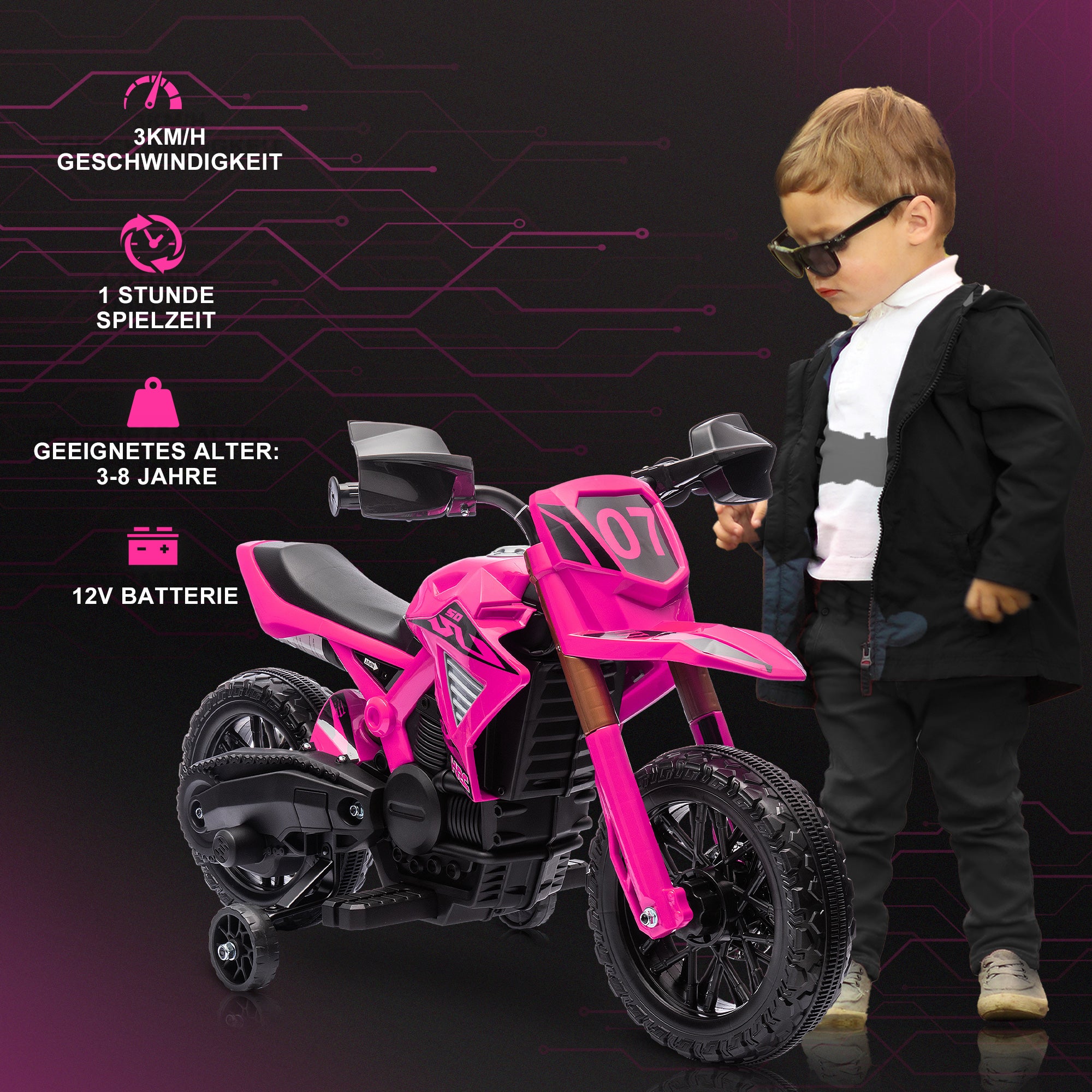 AIYAPLAY Elektro-Motorrad für Kinder, 12V Kindermotorrad mit Stützrädern, Kinderfahrzeug mit Hupe und Startgeräusch, 3 km/h, Rosa