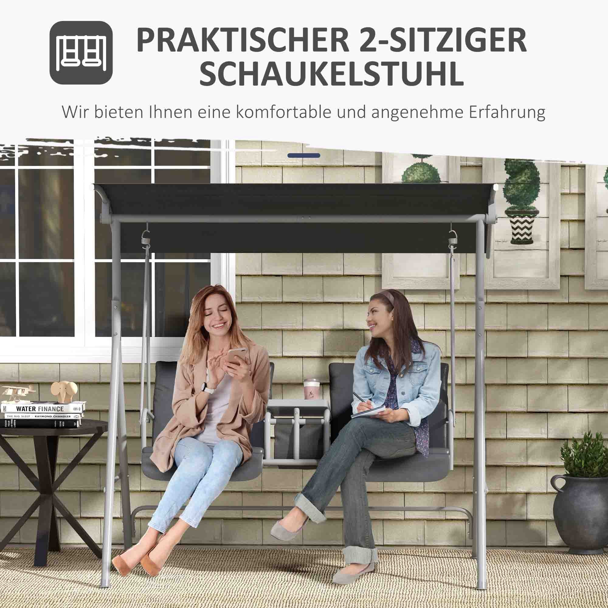 Outsunny Hollywoodschaukel, 2-Sitzer, mit Dach und Tisch, Metallrahmen, bis 180 kg, 175x110x165 cm, Schwarz