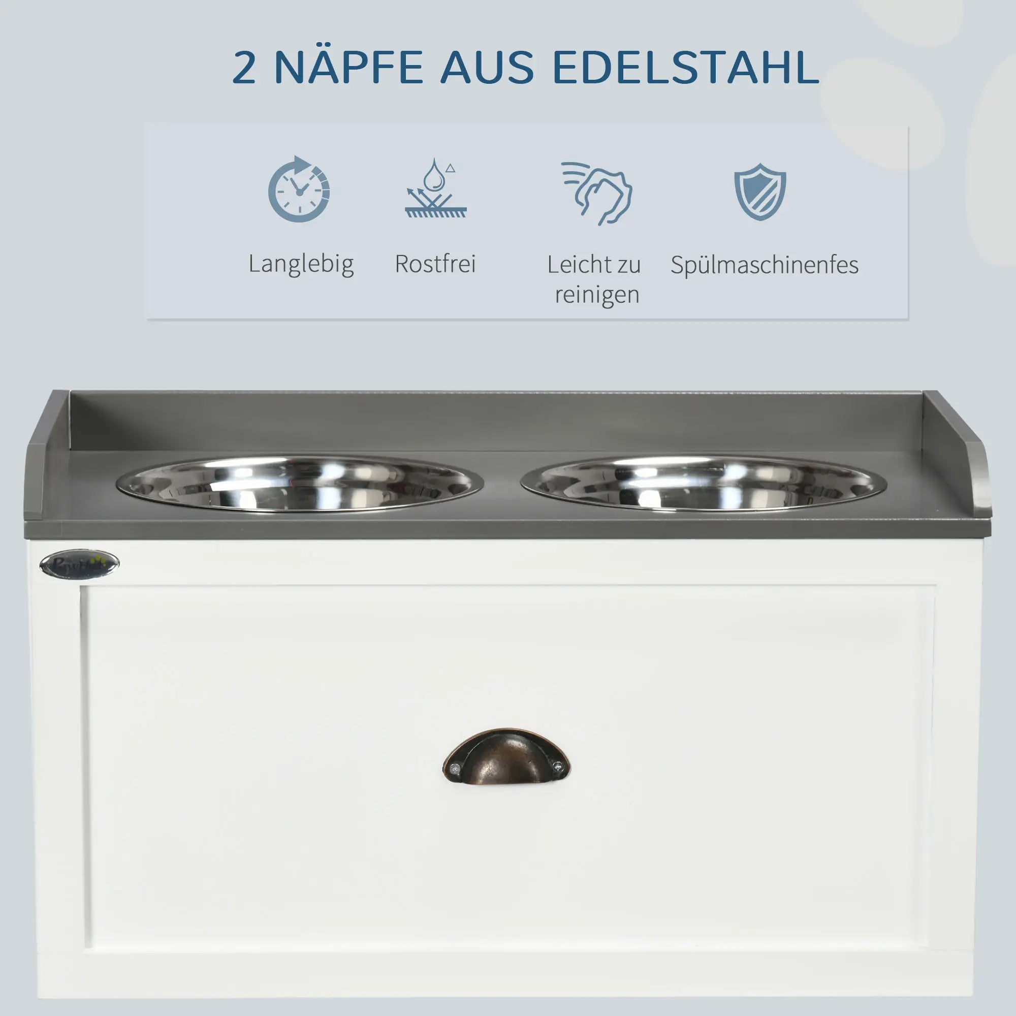 PawHut Futterstation, 2 Fressnäpfe je 2 Liter, Edelstahl, mit Schublade, für große Hunde, weiß+grau, 60 x 30 x 36 cm