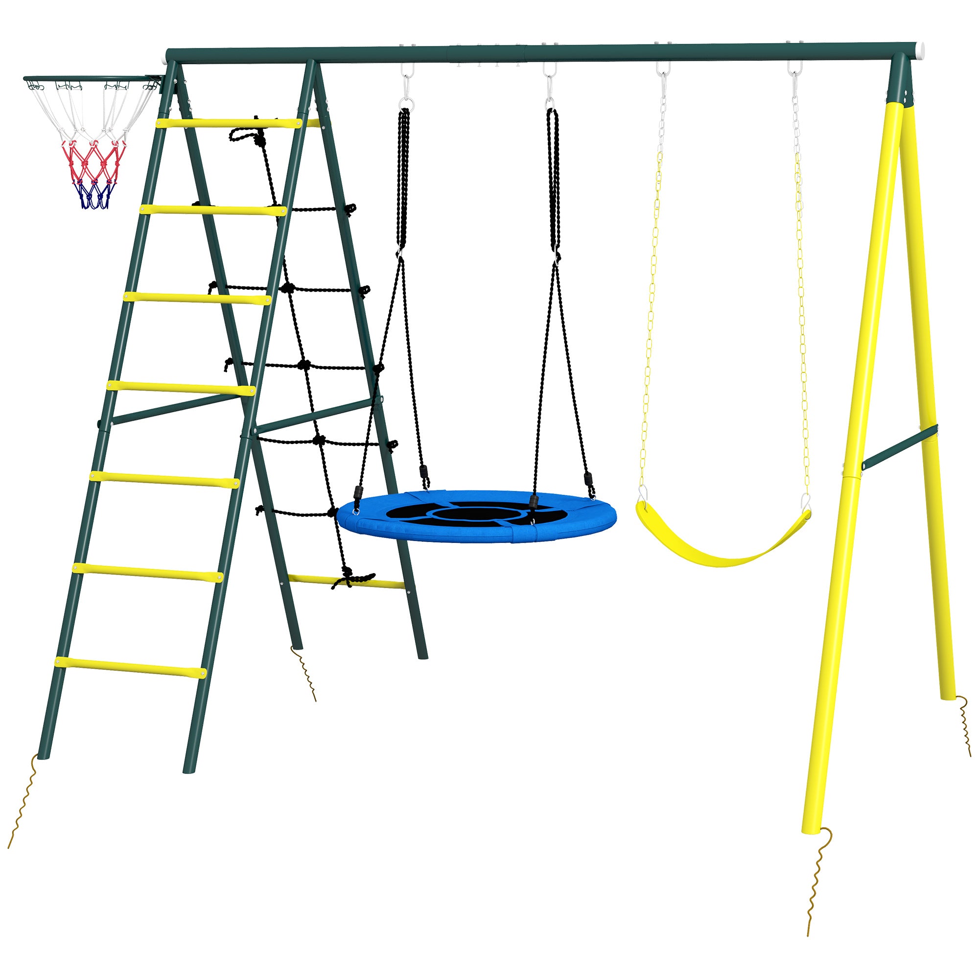 Outsunny Kinderschaukel-Gerüst mit 2 Schaukeln, Basketballkorb, Kletterleiter, 267x180x202 cm, Gelb