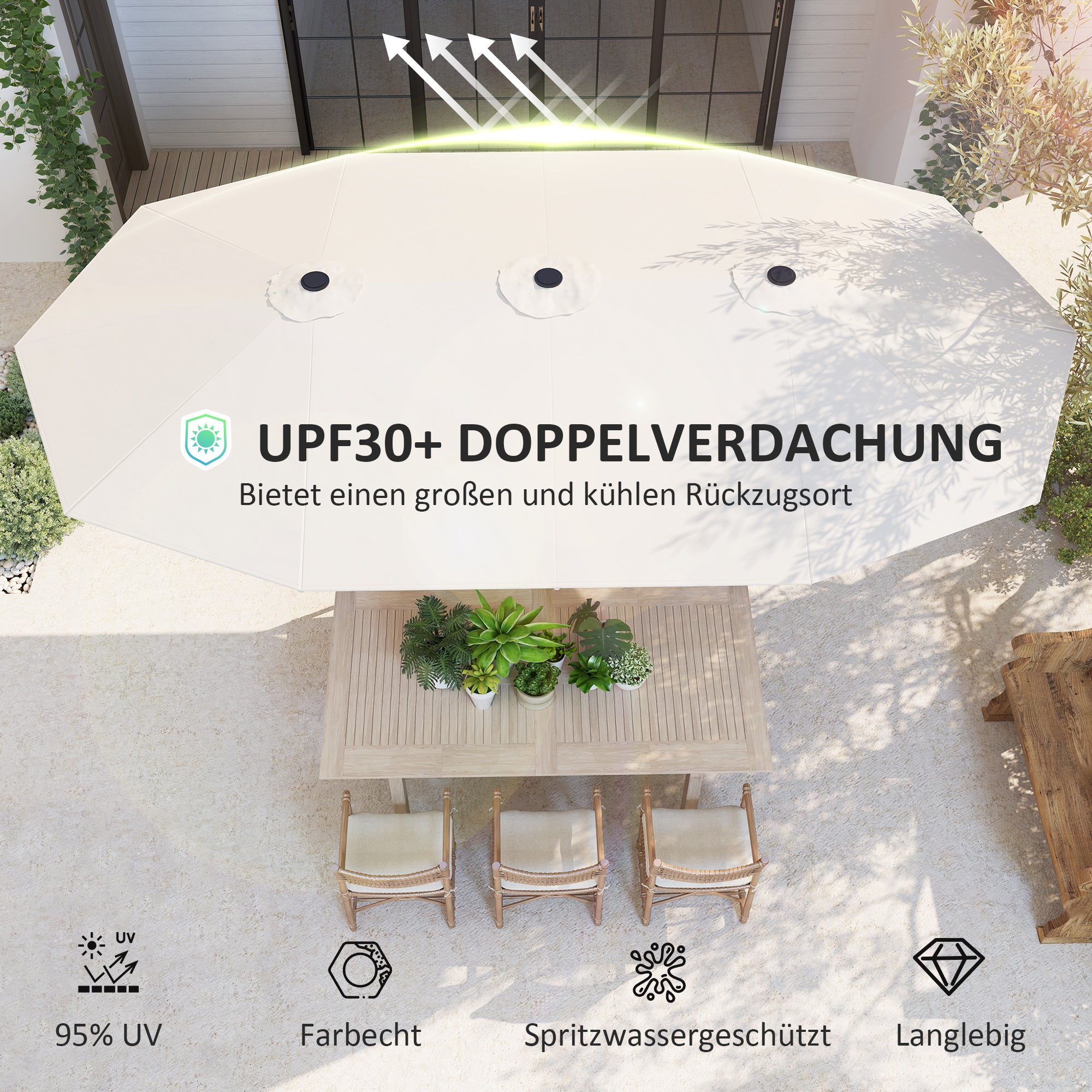 Outsunny Doppelsonnenschirm 436 x 260 cm, UV Schutz Stahl Sonnenschirm mit Handkurbel, oval Beige