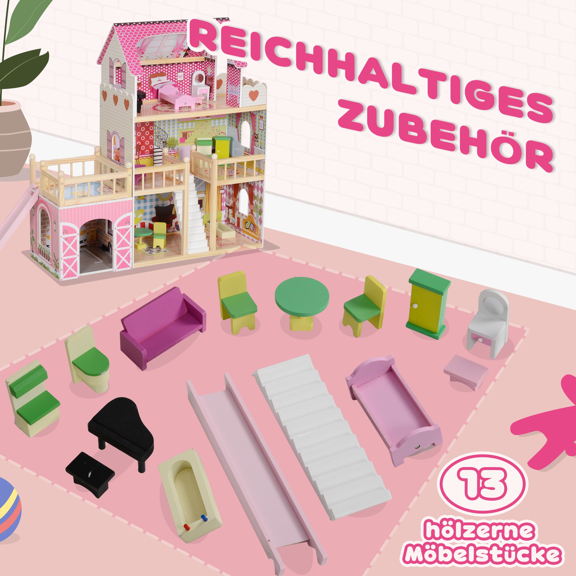 AIYAPLAY Puppenhaus, 3 Etagen, 13 Möbelstücke, Garage, Rutschen & Balkon, 114 x 32 x 92 cm, Rosa