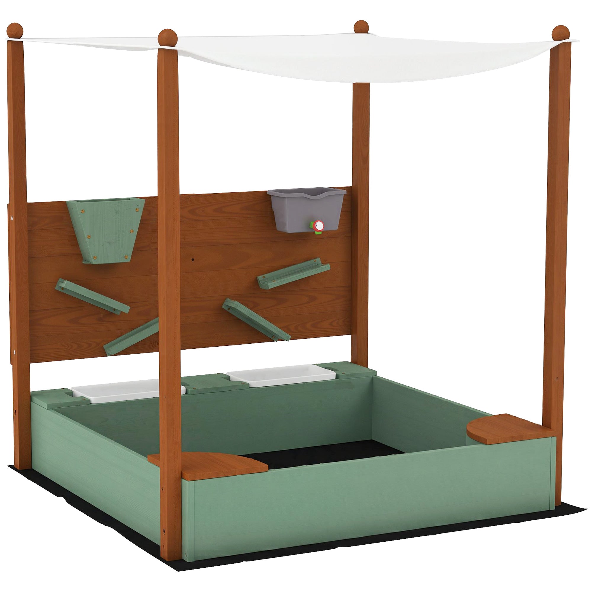 AIYAPLAY Sandkasten mit Sonnendach für Kinder, 2 Aufbewahrungsbehälter, 116L x 112,5B x 128H cm, Tannenholz, Kunststoff, Grün