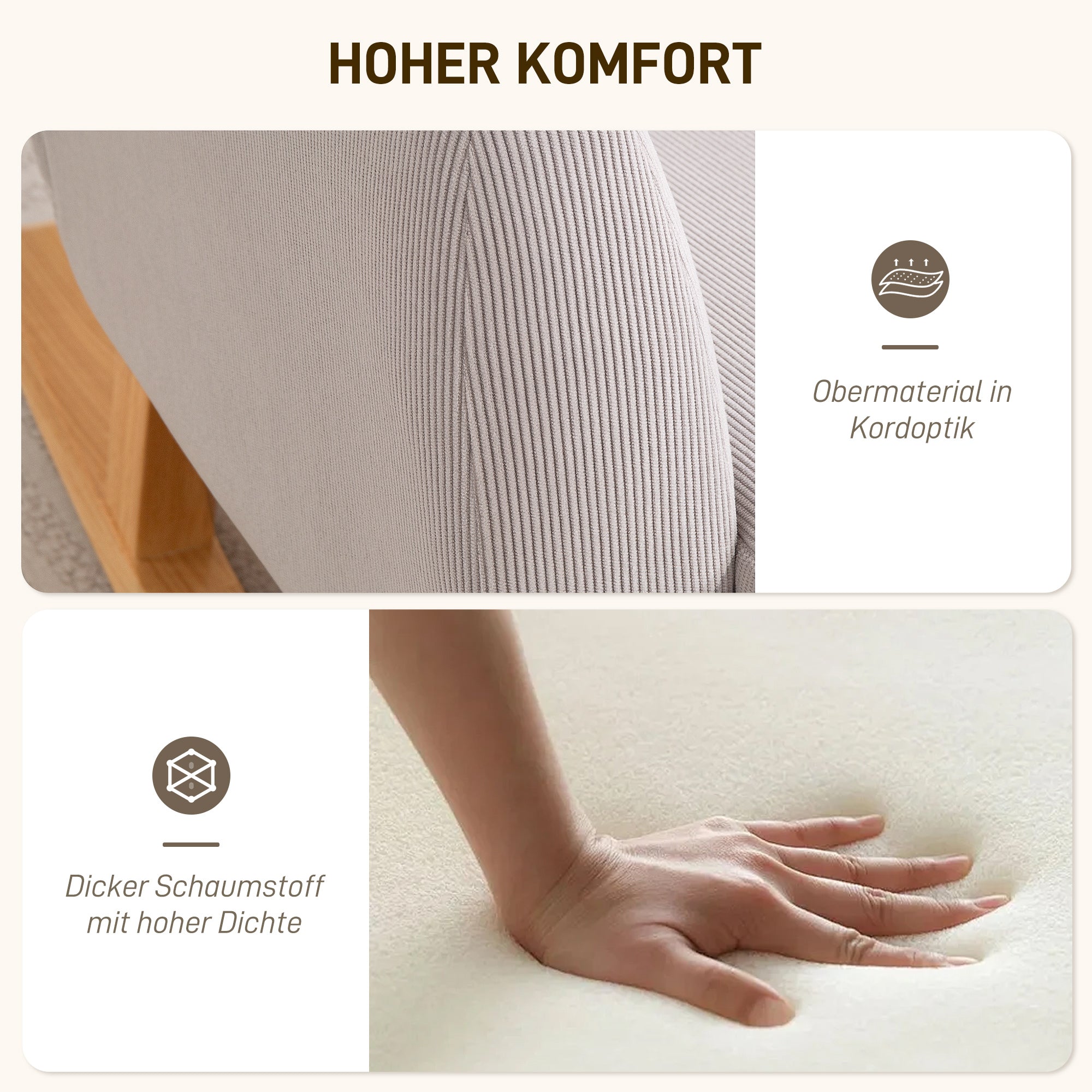 HOMCOM Schaukelstuhl im Retro-Design, Cordbezug, Kautschukholz, Schaumstoff-Füllung, hohe Rückenlehne, Polstersessel, Hellgrau