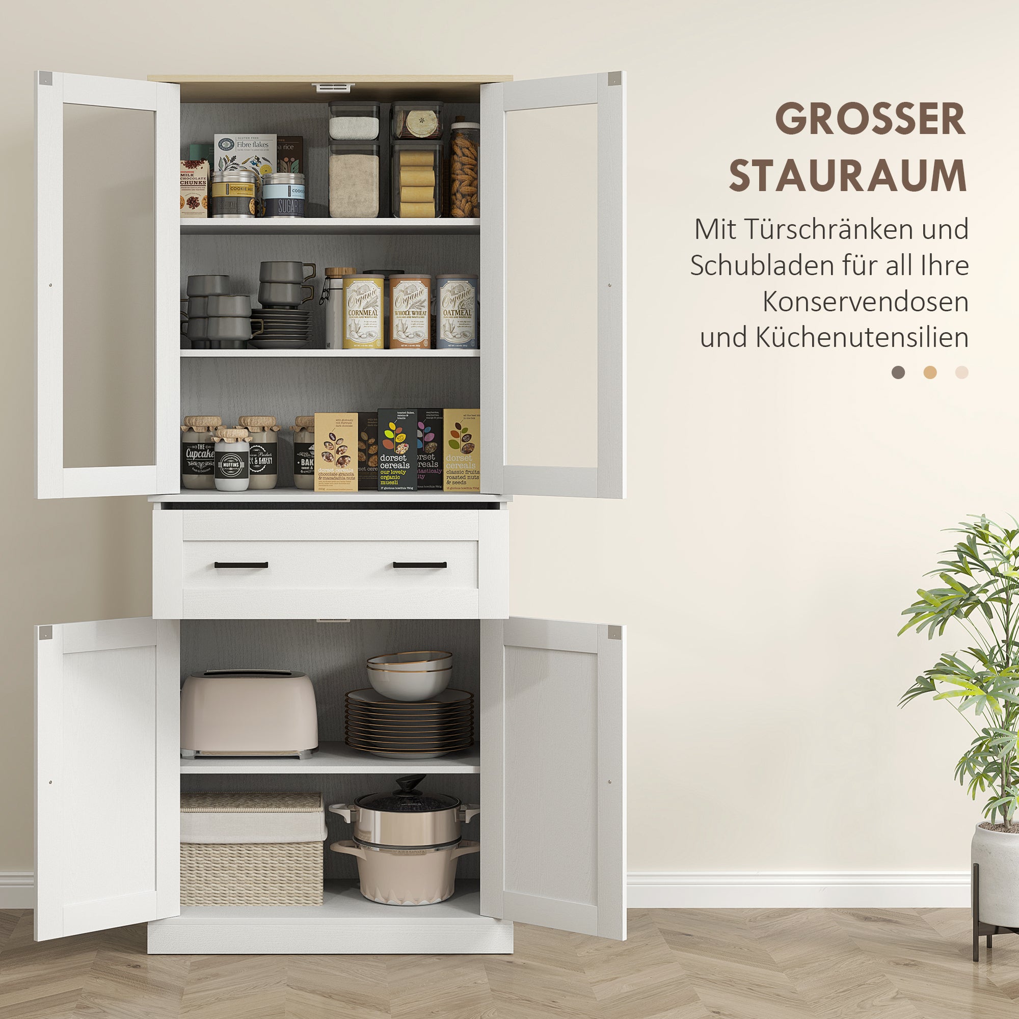 HOMCOM Küchenschrank, Buffet, Acrylfront, Schubladen, 76 x 40 x 182,5 cm, Cremeweiß