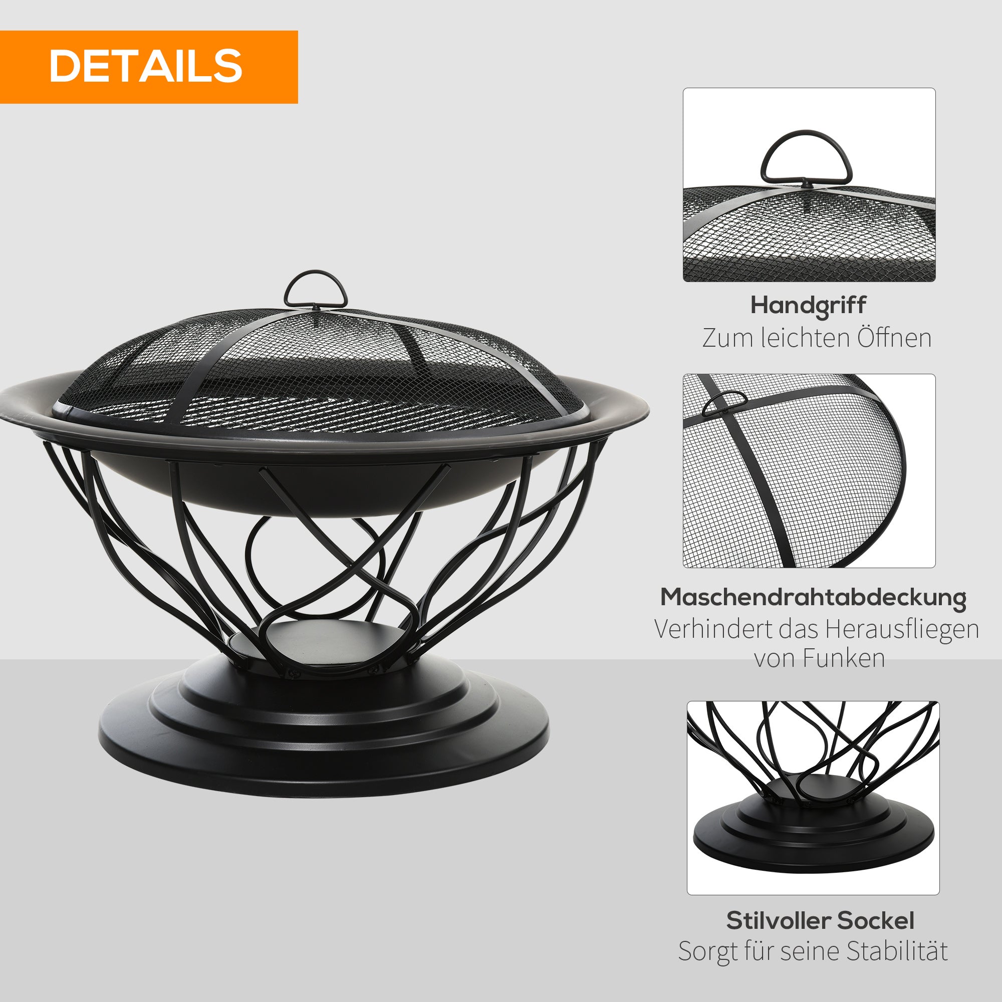 Outsunny Feuerstelle Feuerschale mit Schutz & Schürhaken Outdoor Garten Terrase Ø75 x 55H cm Schwarz