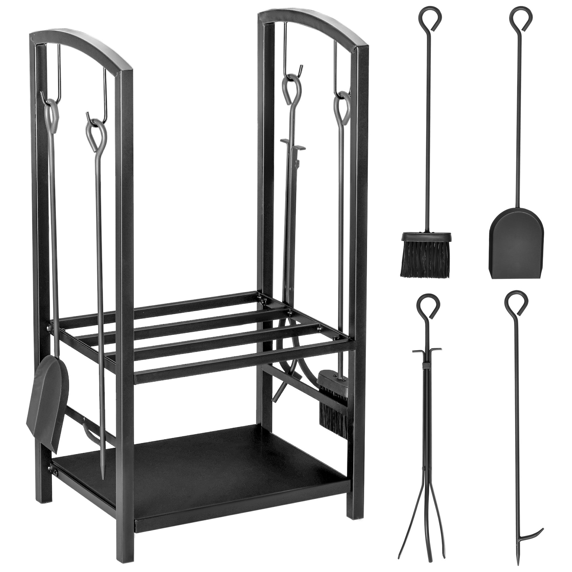 Outsunny Kaminholzständer, Brennholzregal, 2 Etagen, Kaminbesteck, bis 100 kg, Stahl, Schwarz, 40 x 30 x 74,5 cm