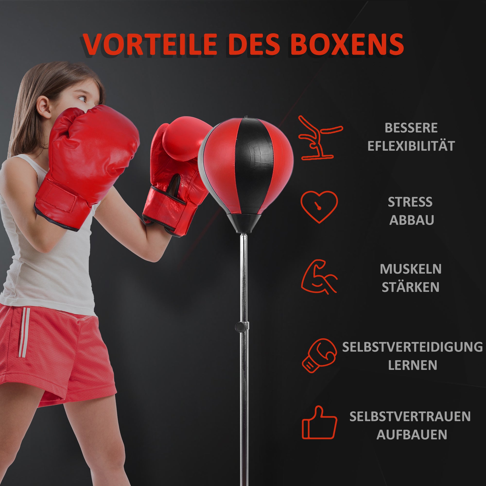 HOMCOM Punchingball Set Standbox Training Set 125/131/138/145cm höhenverstellbar mit 1 paar Handschuhe 1 Pump Geeignet für Profis und Anfänger Rot