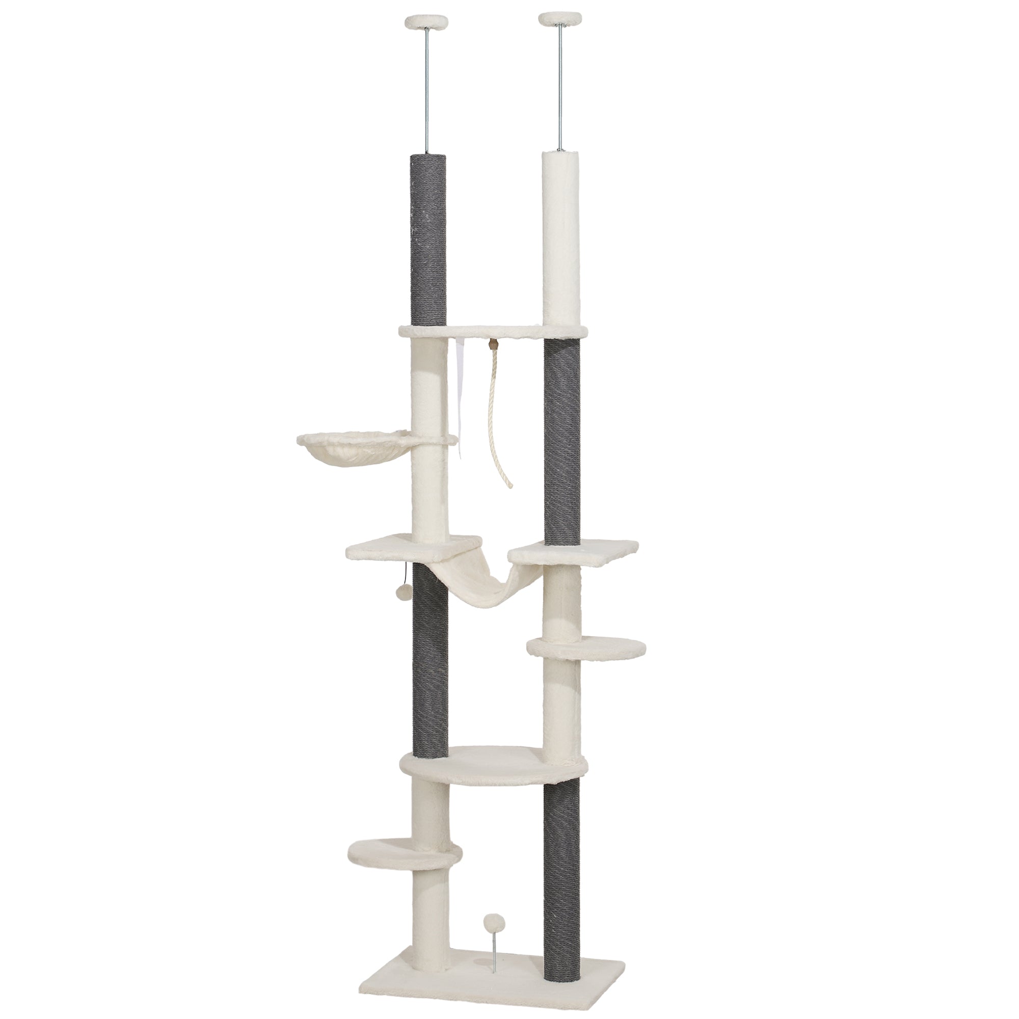 PawHut Kratzbaum, deckenhoch, verstellbar 225-255 cm, Plattformen & Hängematten, Kippschutz, Weiß