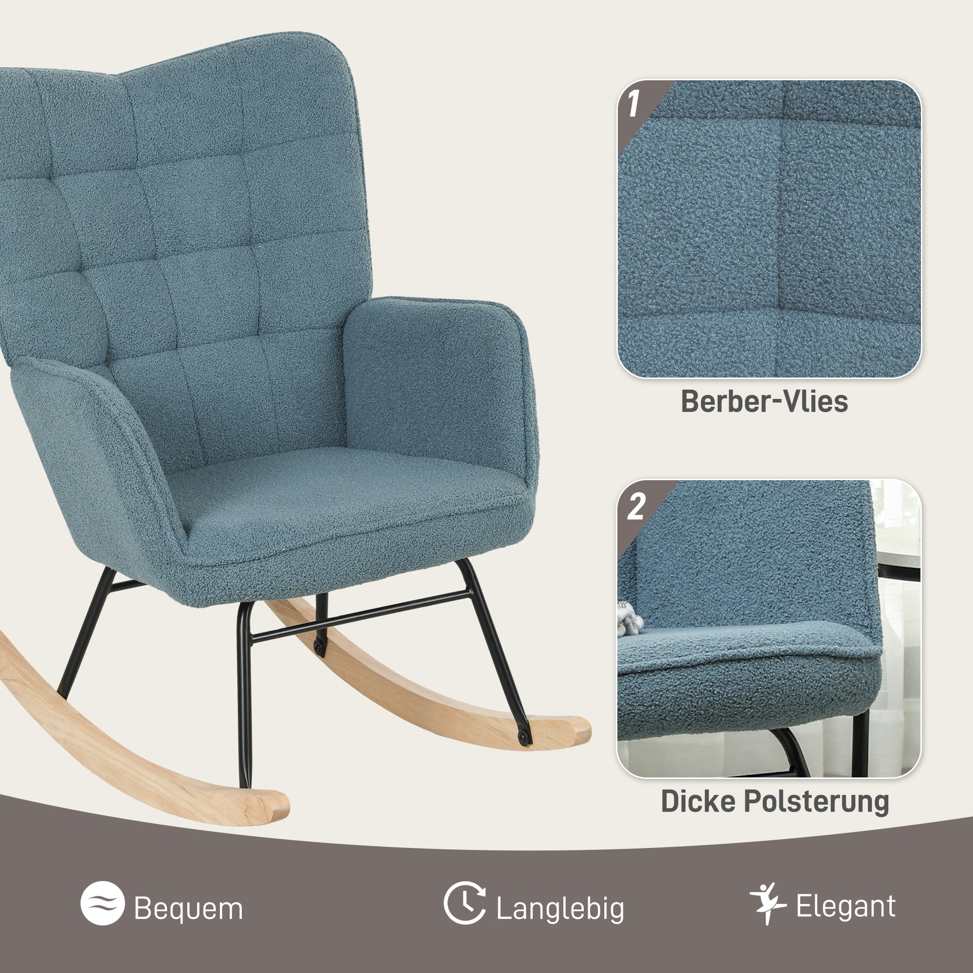 HOMCOM Schaukelstuhl, ergonomische Form, Echtholzkufen, bis 120 kg, Hellblau