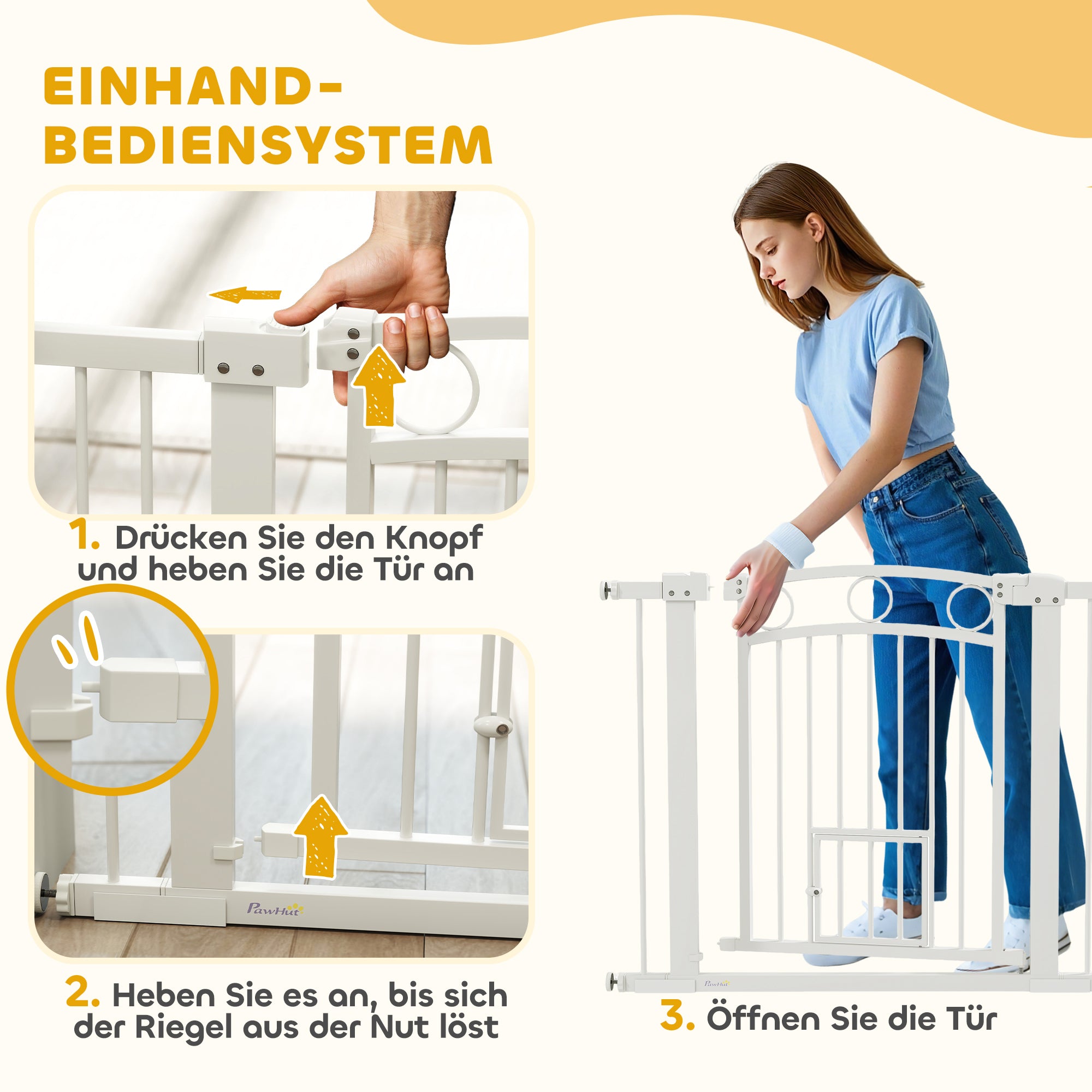 PawHut Haustiertor, 77 cm Treppengatter, verstellbare Breite 76-104 cm, mit Katzentür, für Treppen und Türöffnungen, Weiß