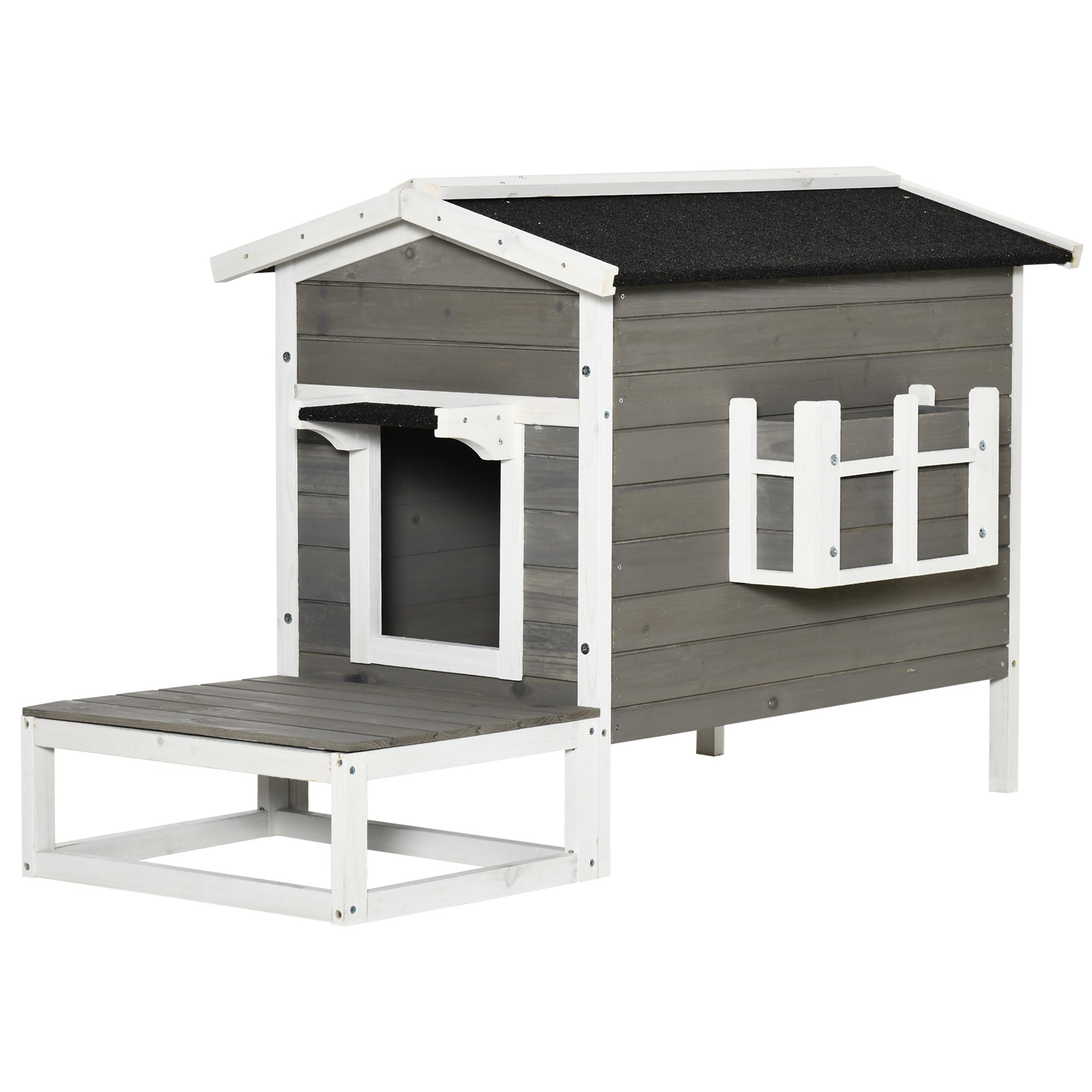 PawHut Katzenhaus aus Holz Winterfest wasserdicht Katzenhütte mit Asphaltdach Terrasse Katzenhöhle Katzenkiste Outdoor Schutzhütte für Draußen Garten Balkon 115 x 66,5 x 74,7 cm Grau+Weiß
